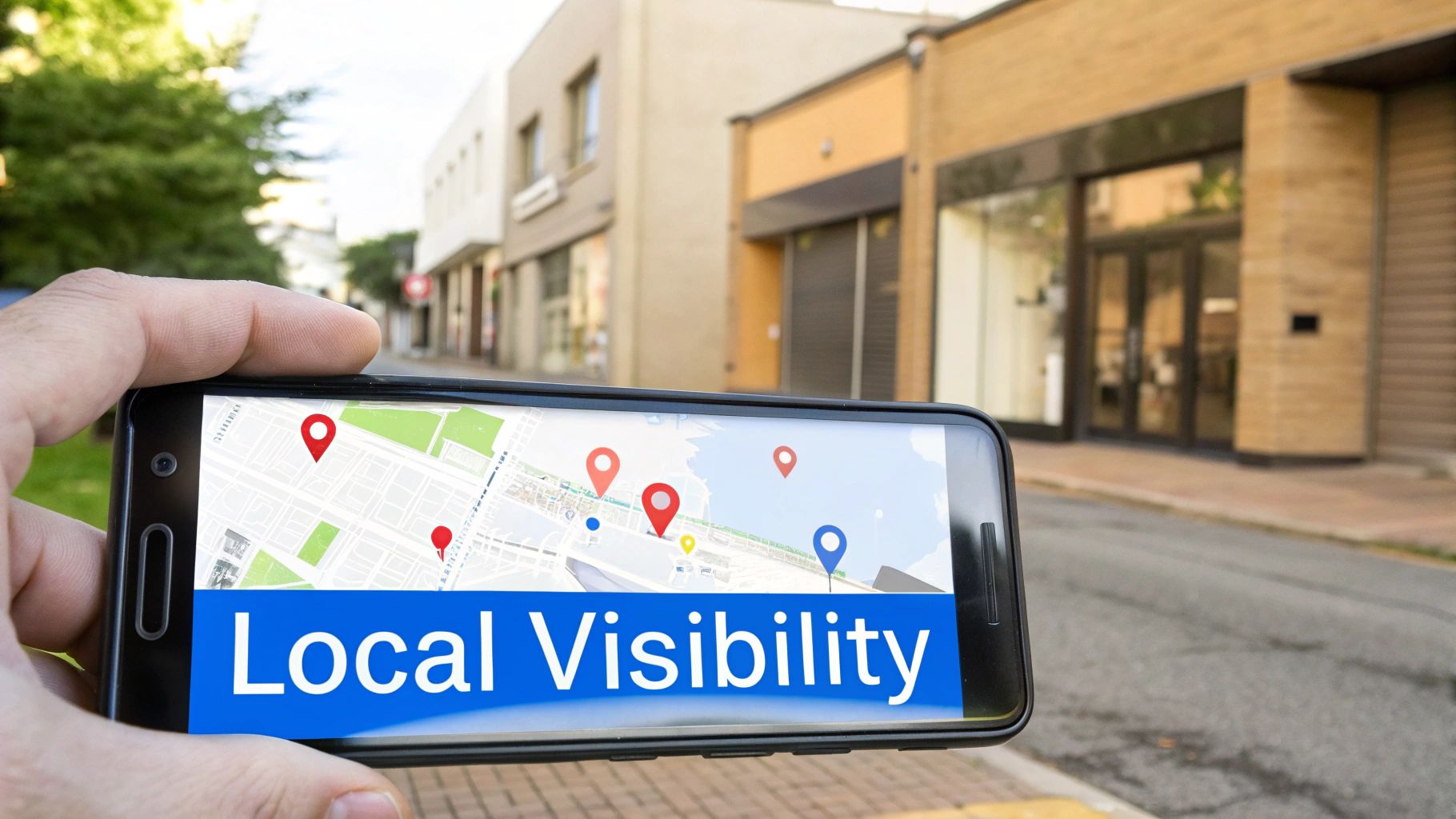 Hand holds a smartphone showing a map with multiple location pins and 'Local Visibility' text, against a blurred street with buildings.