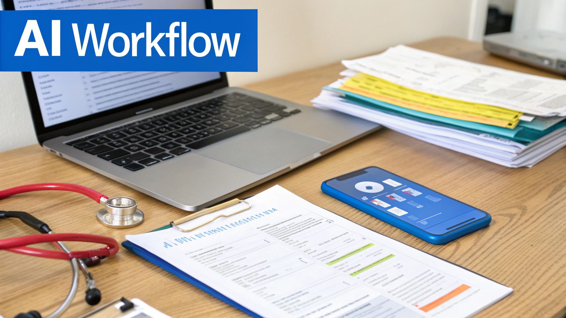A desk with a laptop, smartphone, stethoscope, and documents, featuring a banner saying "AI Workflow".