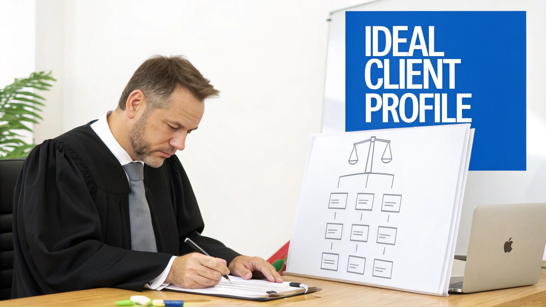 A lawyer in a black robe writes at a desk with an 'Ideal Client Profile' board and a justice scales diagram.