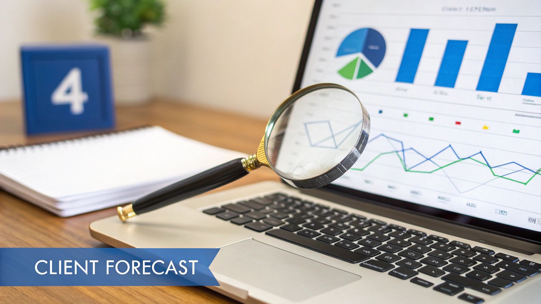 A magnifying glass on a laptop showing data charts and graphs, with 'Client Forecast' text overlay, symbolizing business analysis.