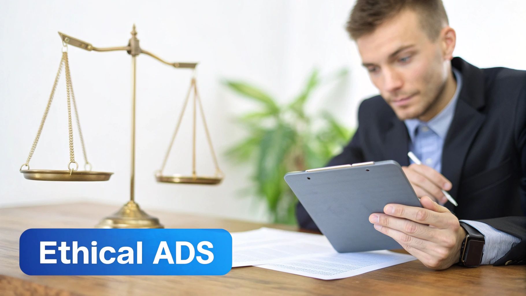 An image showing a balanced scale with a gavel on one side and a digital ad icon on the other, symbolizing the balance between legal ethics and advertising performance.