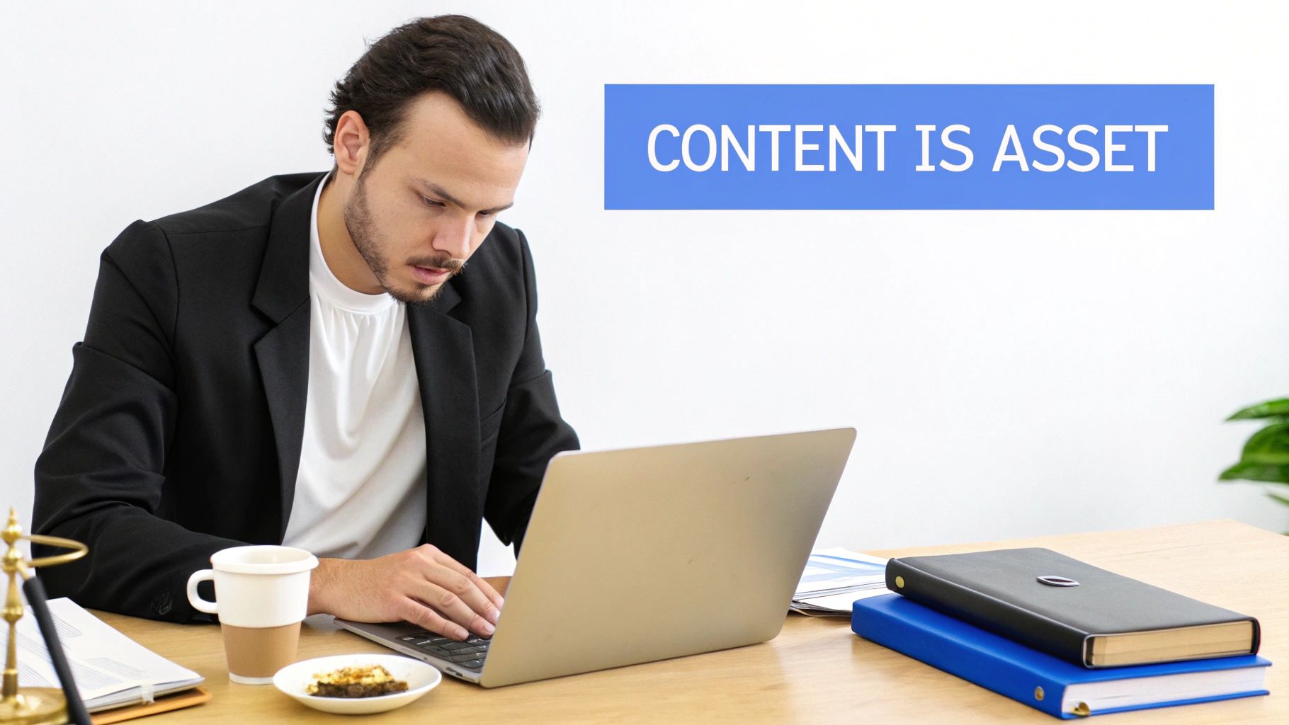 A man typing on a laptop at a desk with a coffee cup, notebooks, and a banner reading 'CONTENT IS ASSET'.
