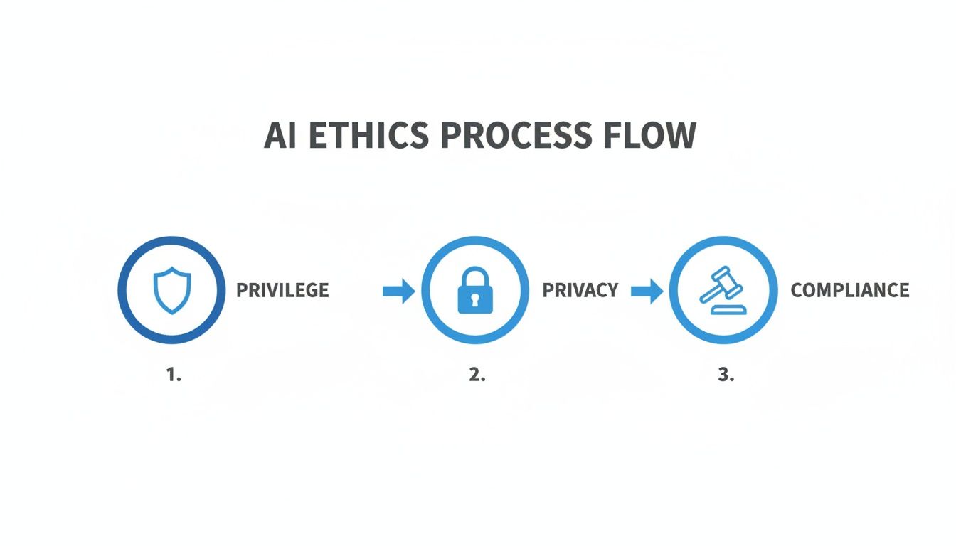 Diagram illustrating the AI ethics process flow with three steps: Privilege, Privacy, and Compliance.