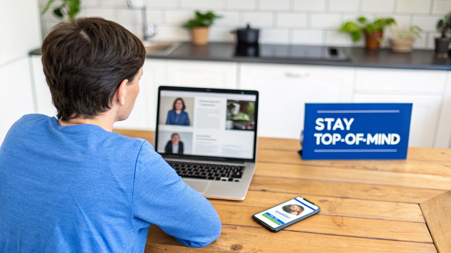 Person in blue shirt attending virtual law firm consultation video call on laptop at home