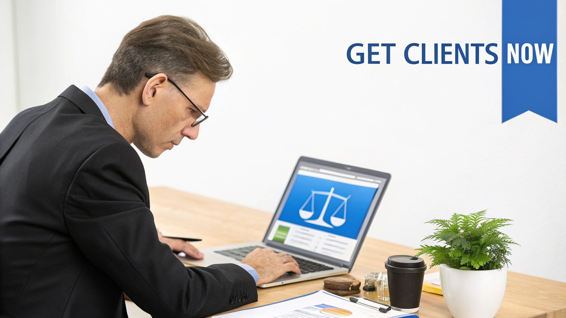 A lawyer reviewing a successful Google Ads campaign on a tablet, showing positive growth charts.