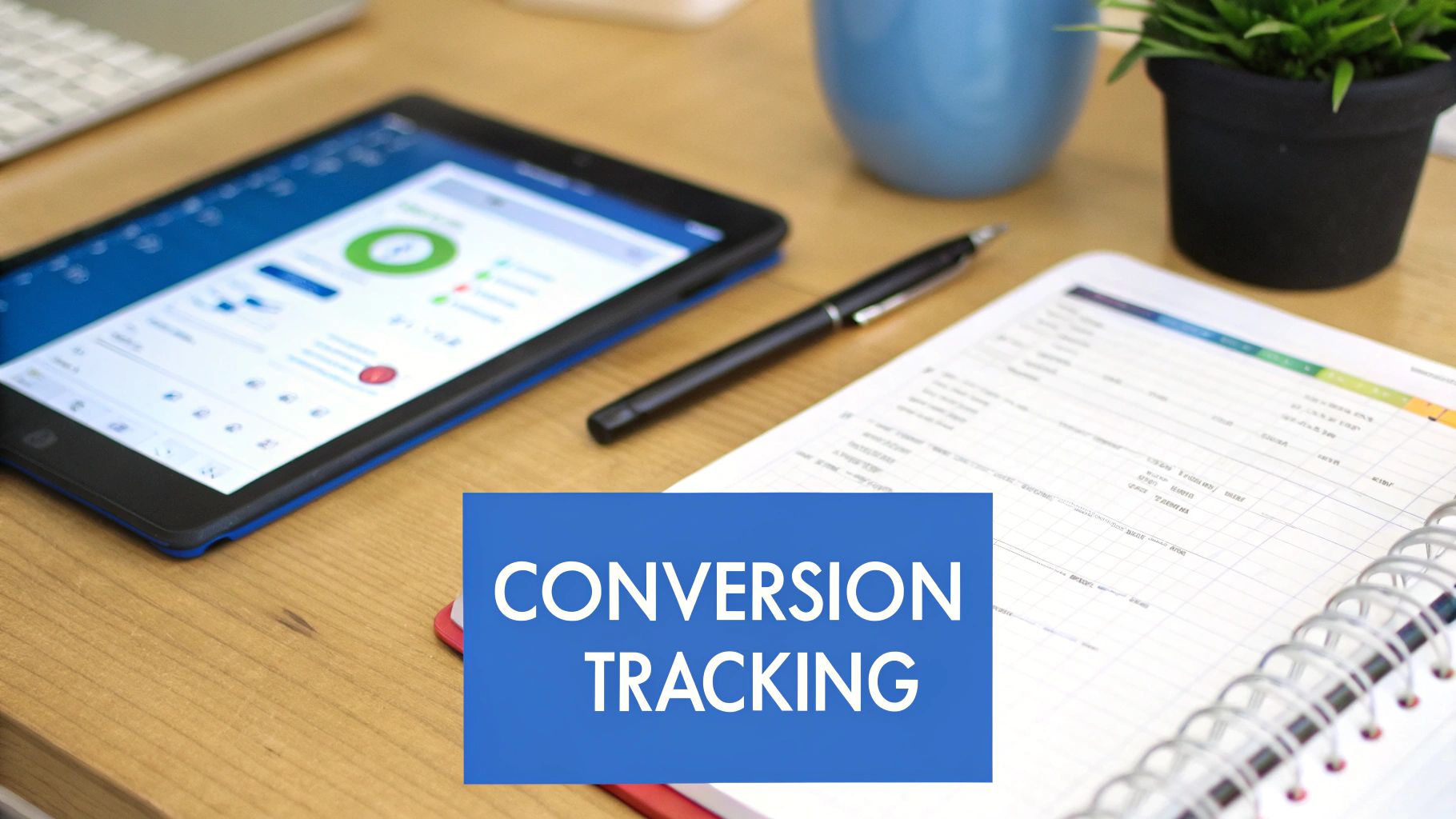 A desk setup featuring a tablet displaying analytics, a notebook, pen, and a prominent 'CONVERSION TRACKING' banner.