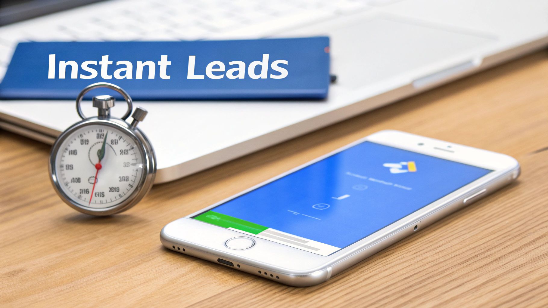 A stopwatch and smartphone next to a blue sign displaying 'Instant Leads' on a wooden desk.
