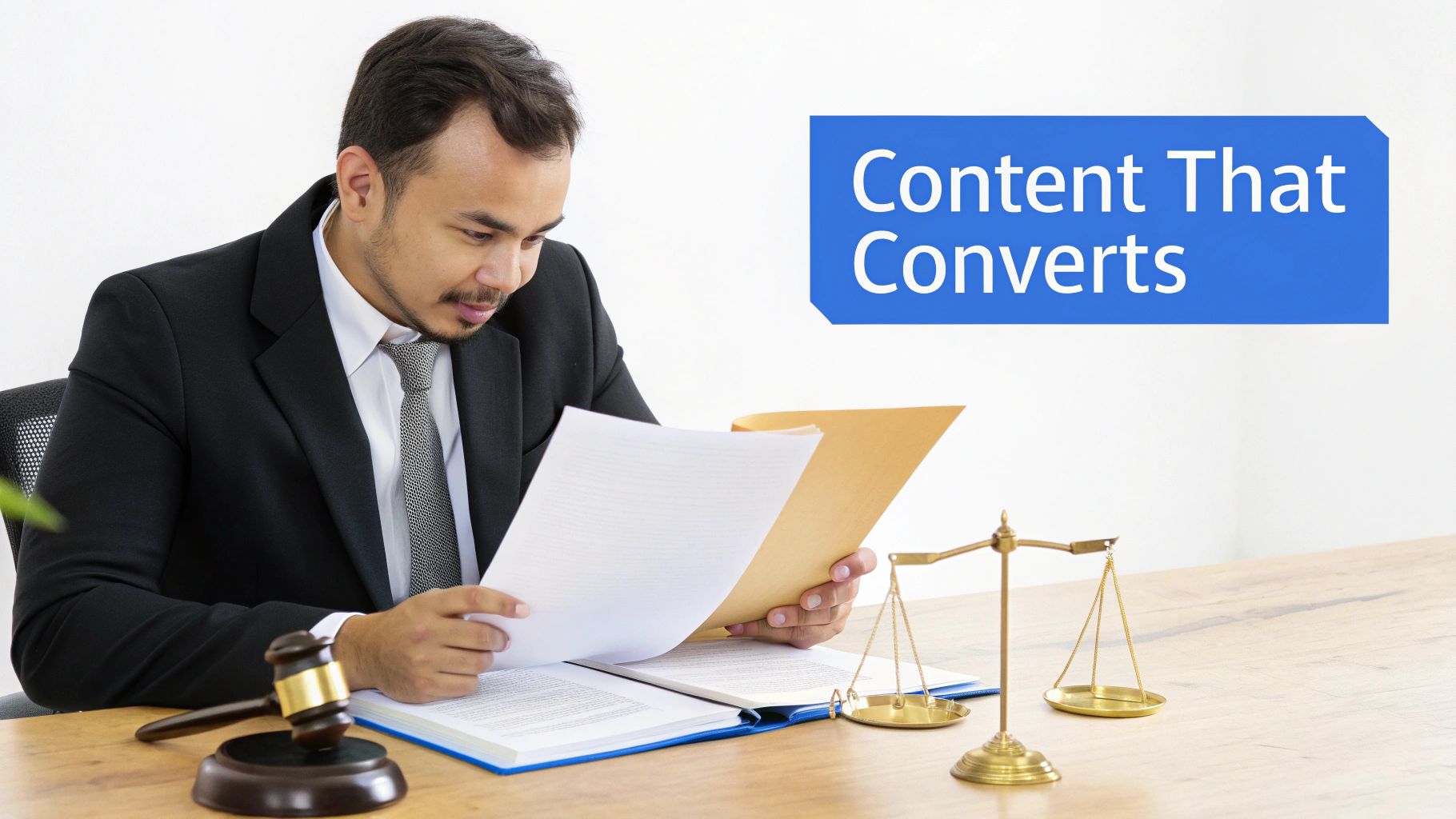 A lawyer reviews documents at a desk with a gavel and scales of justice, alongside text 'Content That Converts'.