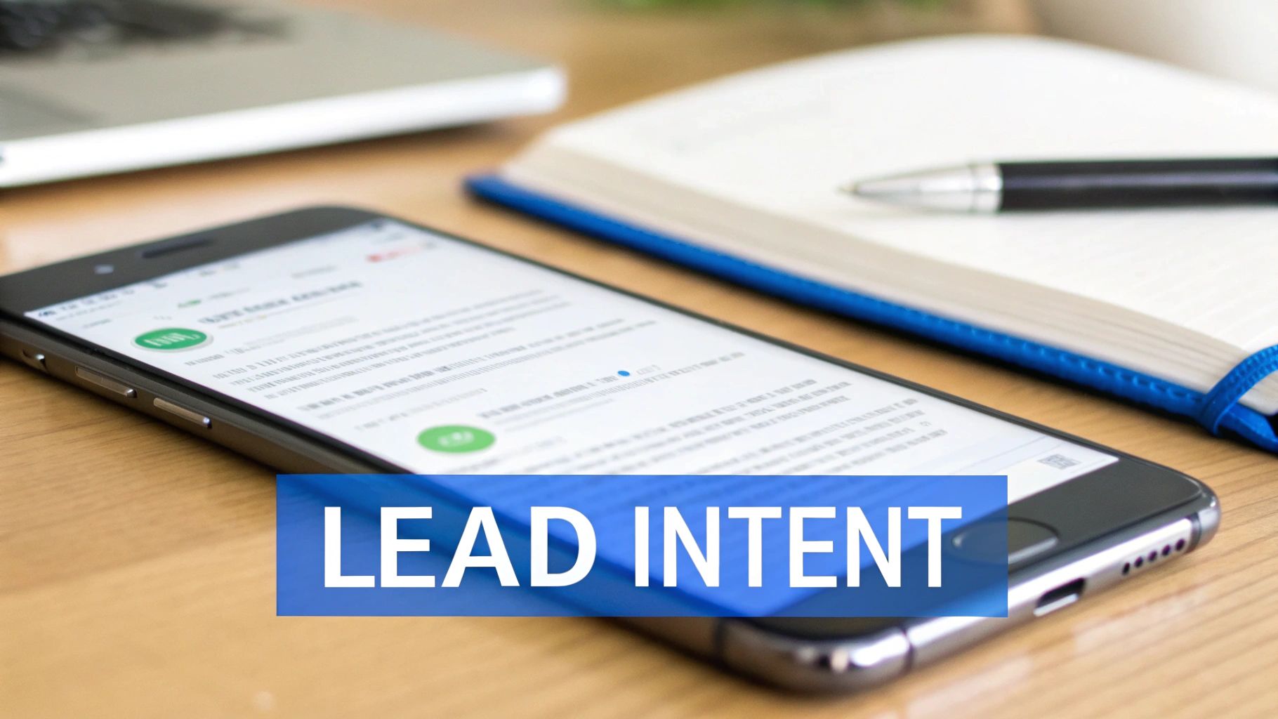 A smartphone on a wooden desk with a laptop and notebook, displaying 'LEAD INTENT' text.