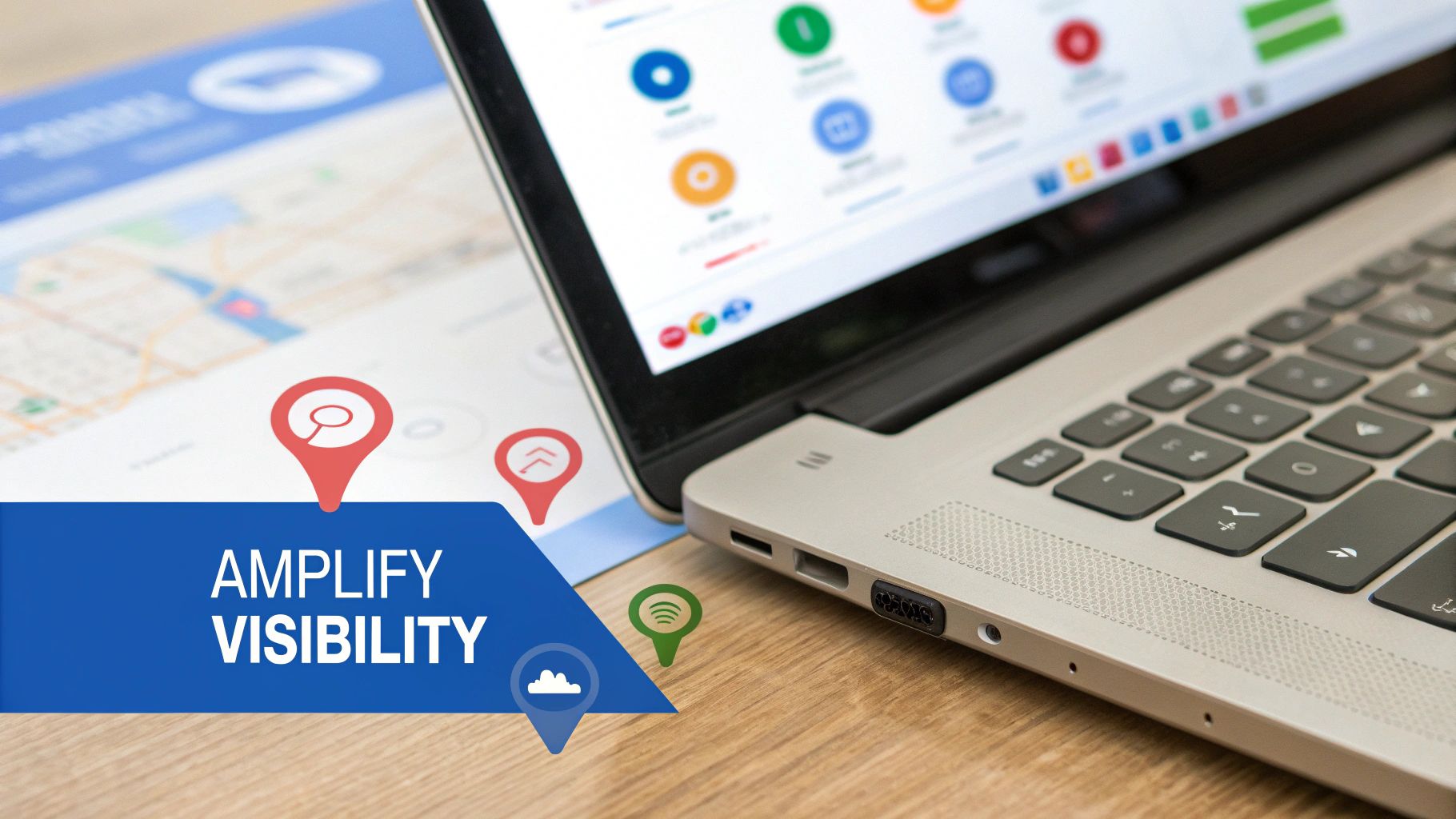 A laptop displaying app icons, a map, and pins with 'AMPLIFY VISIBILITY' text, symbolizing digital marketing strategies.