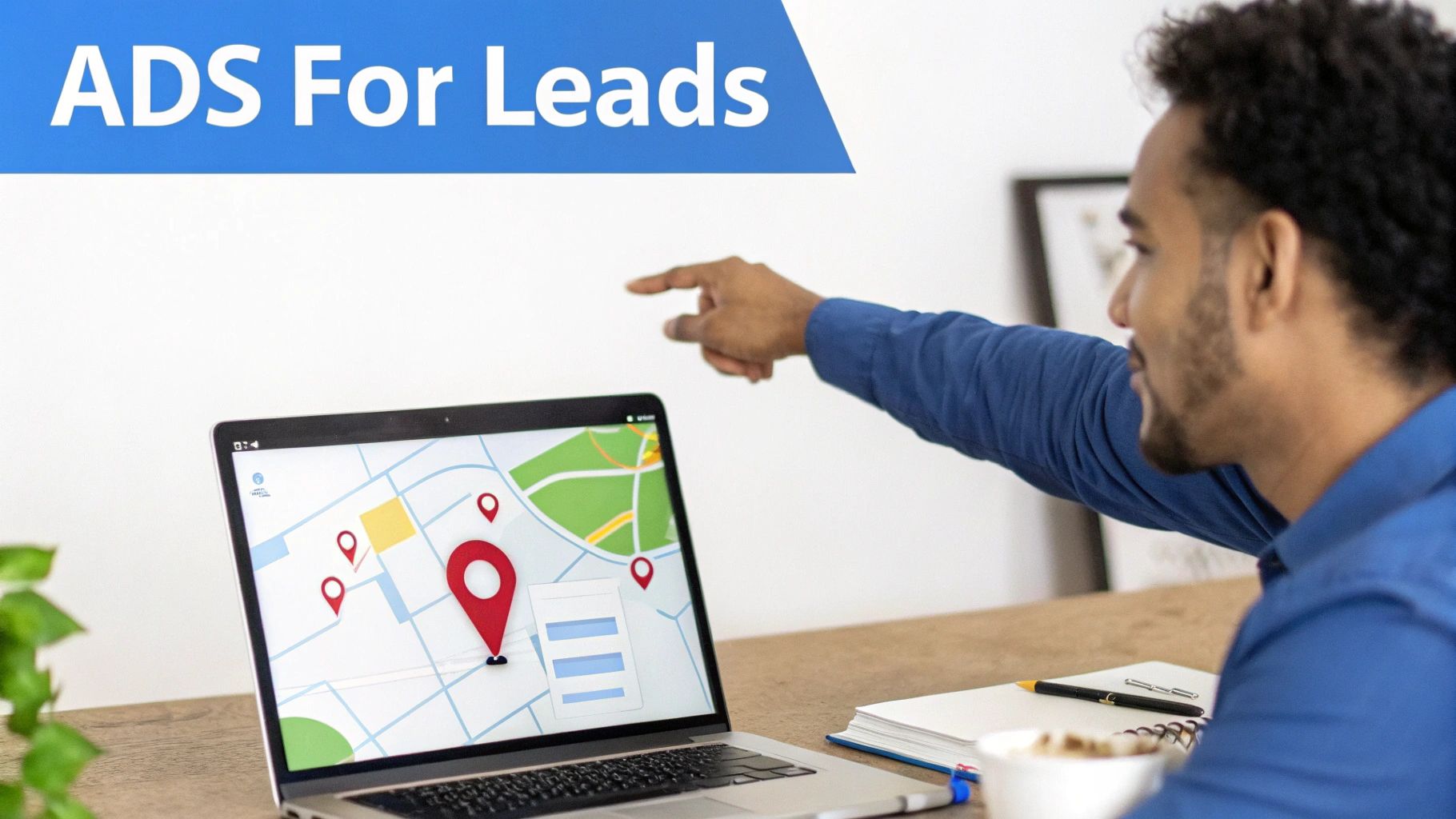 Man pointing at a laptop screen displaying a map with location pins and 'ADS For Leads' text.
