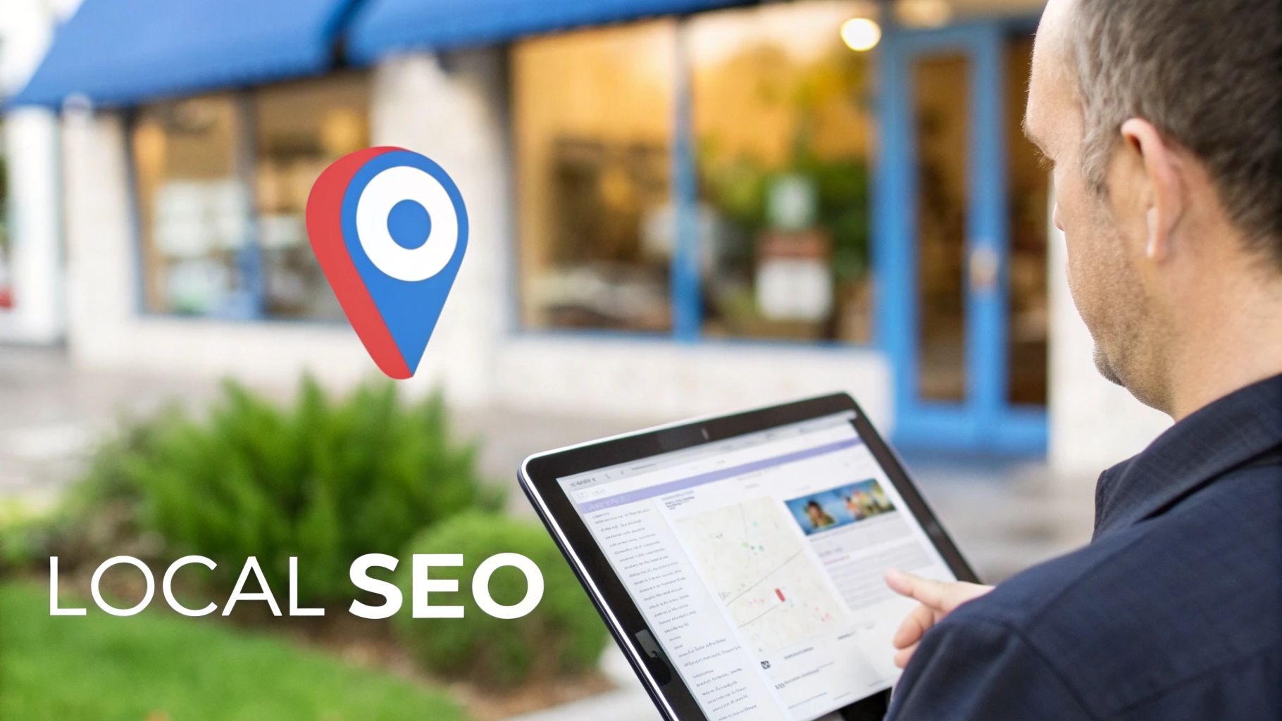 A man reviewing local search results on a tablet, with a 'LOCAL SEO' overlay and map pin icon.