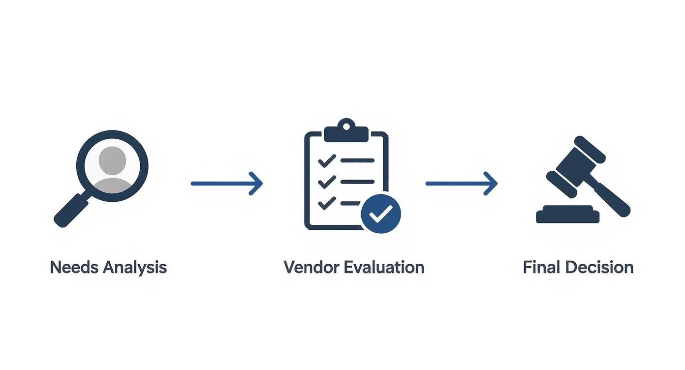 A three-step process diagram showing needs analysis, vendor evaluation, and final decision with icons.