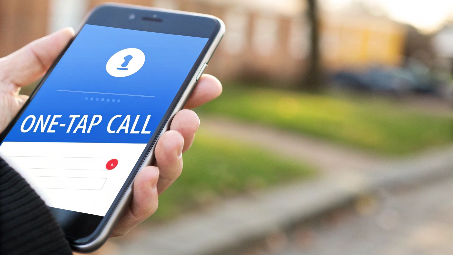 Person holding a smartphone displaying a 'ONE-TAP CALL' application on its screen outdoors.