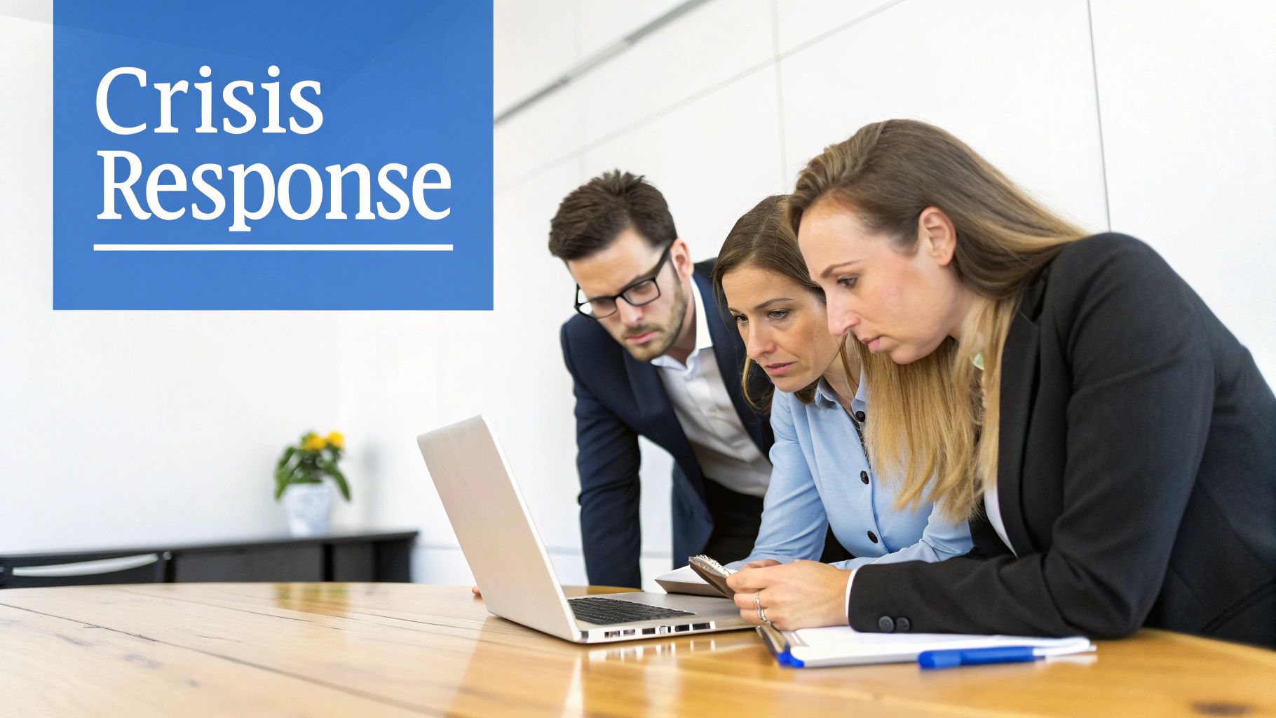Three business professionals, two women and one man, collaborating on a laptop with 'Crisis Response' text.