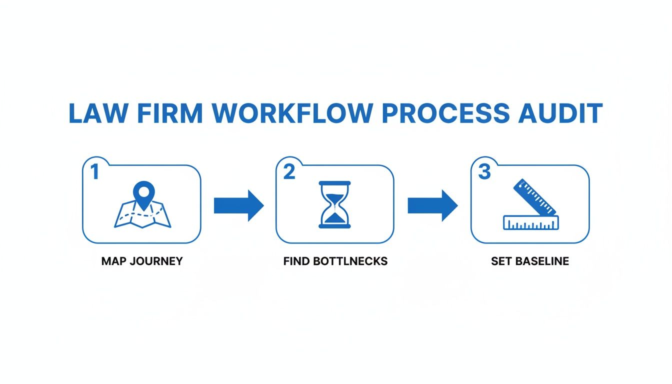 Infographic showing a law firm workflow process audit: map journey, find bottlenecks, and set baseline.