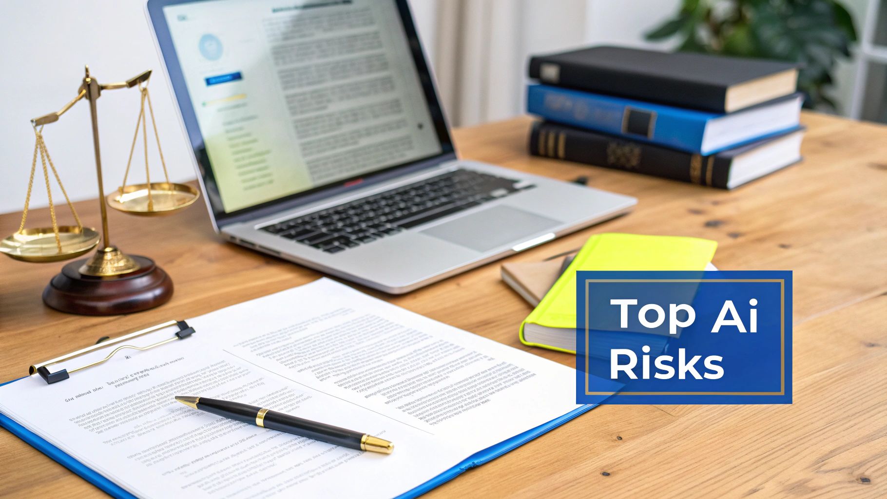 A legal professional's desk with a scale of justice, laptop, documents, and books, highlighting AI risks.