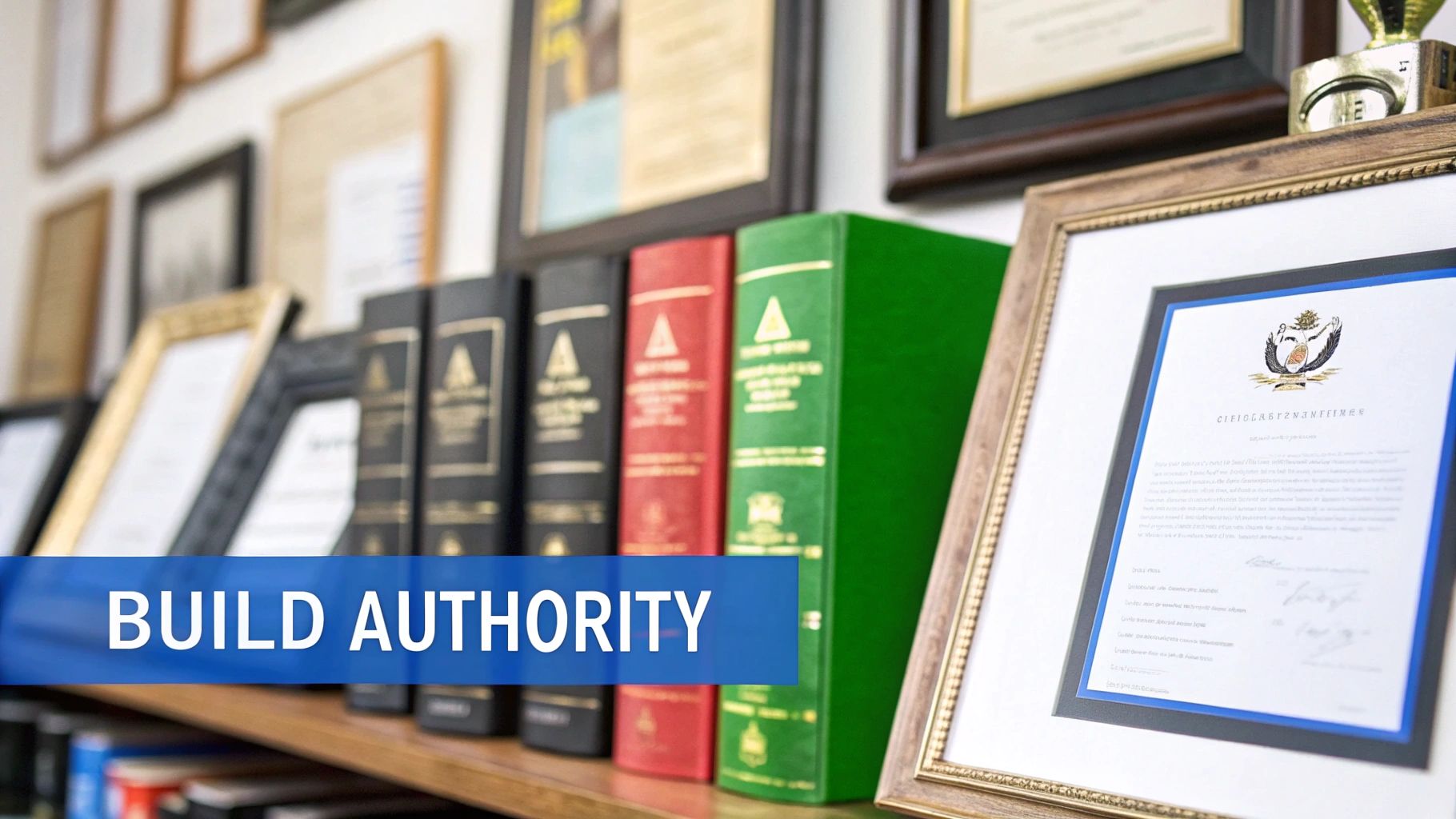Bookshelves filled with legal books and framed certificates in a professional law firm.