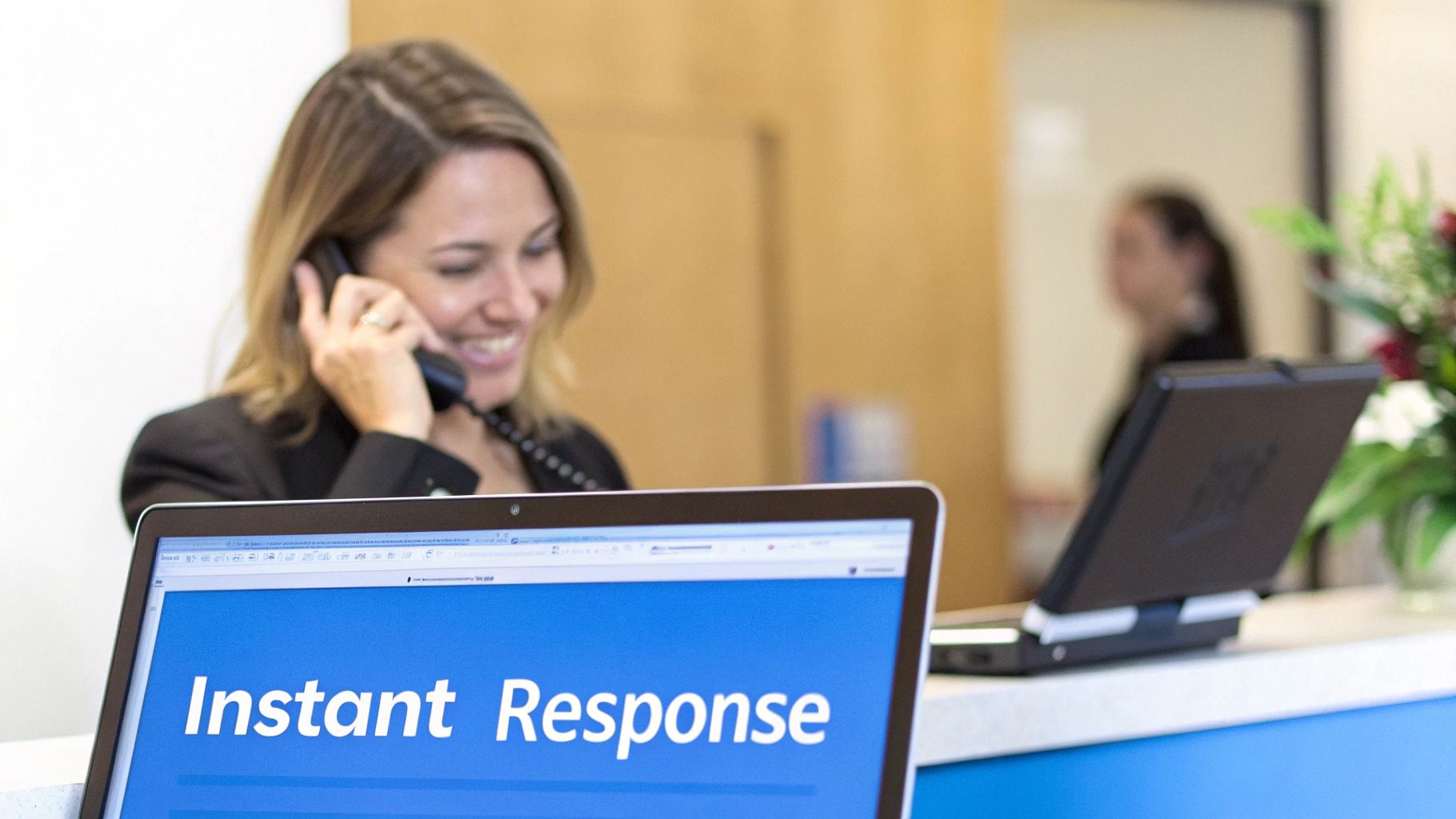 Smiling woman talks on phone behind a laptop displaying 'Instant Response' at a desk.