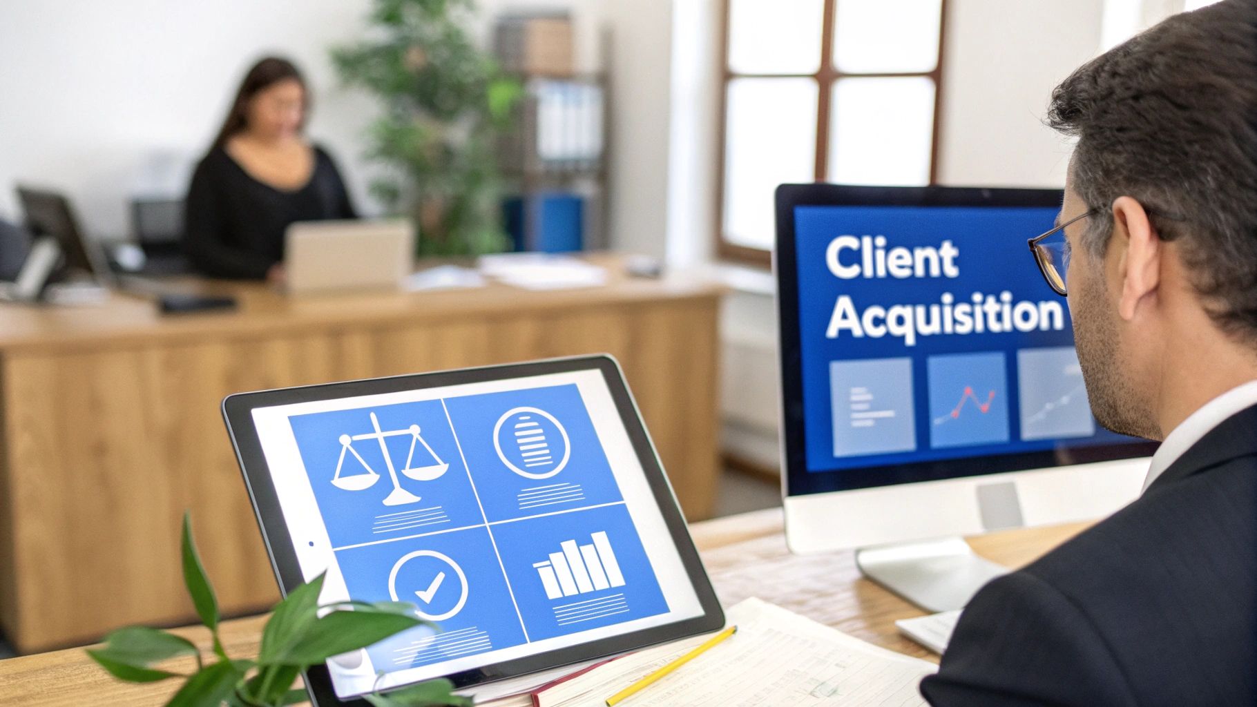 Man in an office viewing 'Client Acquisition' on a computer, with a tablet displaying legal software.
