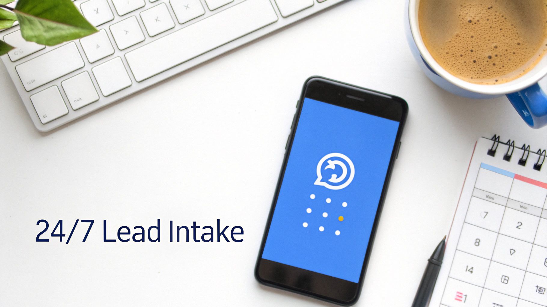 Flat lay of a desk with a keyboard, coffee, calendar, and a smartphone displaying a chat icon, promoting 24/7 lead intake.