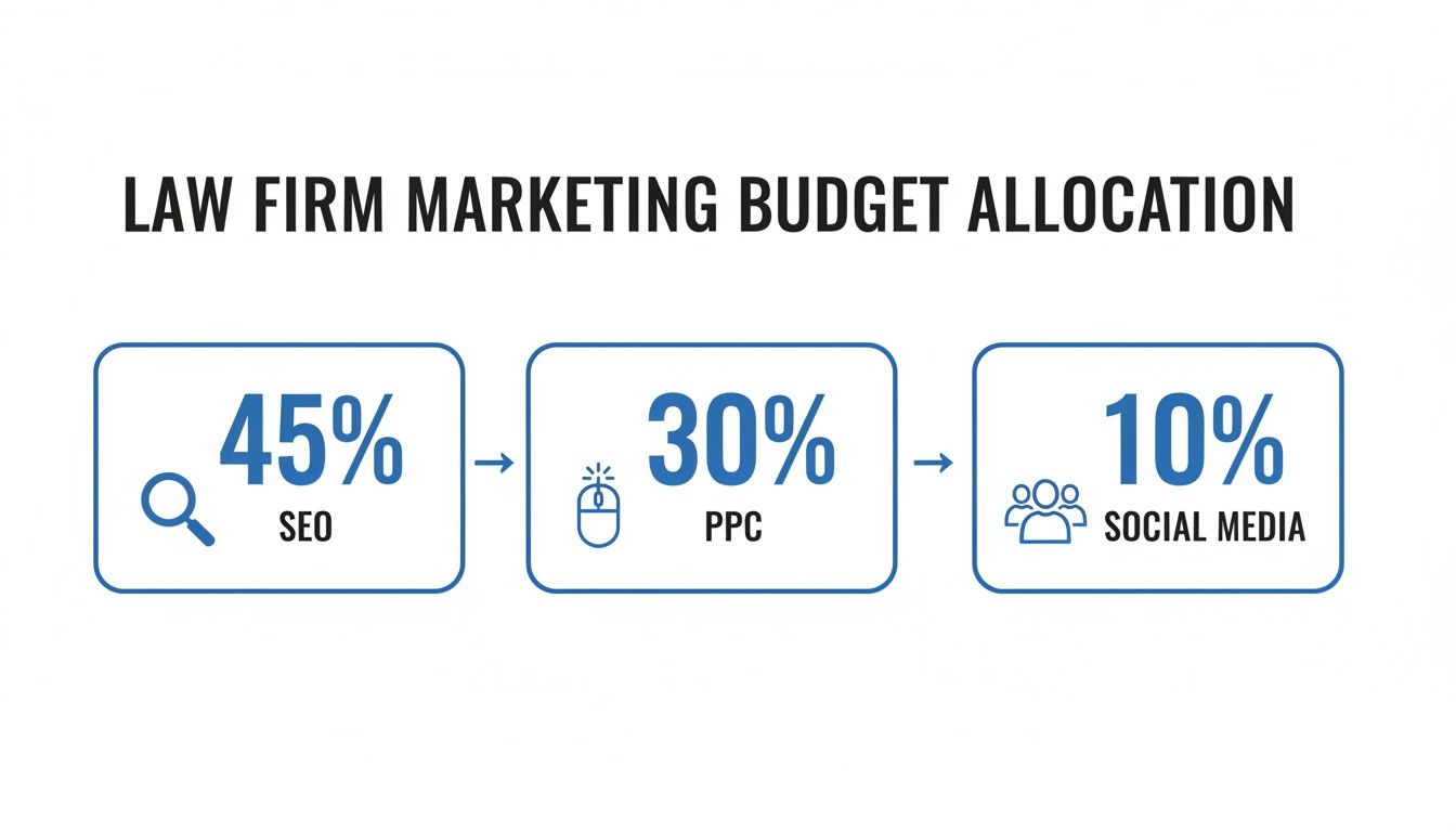 Law firm marketing budget allocation showing 45% for SEO, 30% for PPC, and 10% for social media.