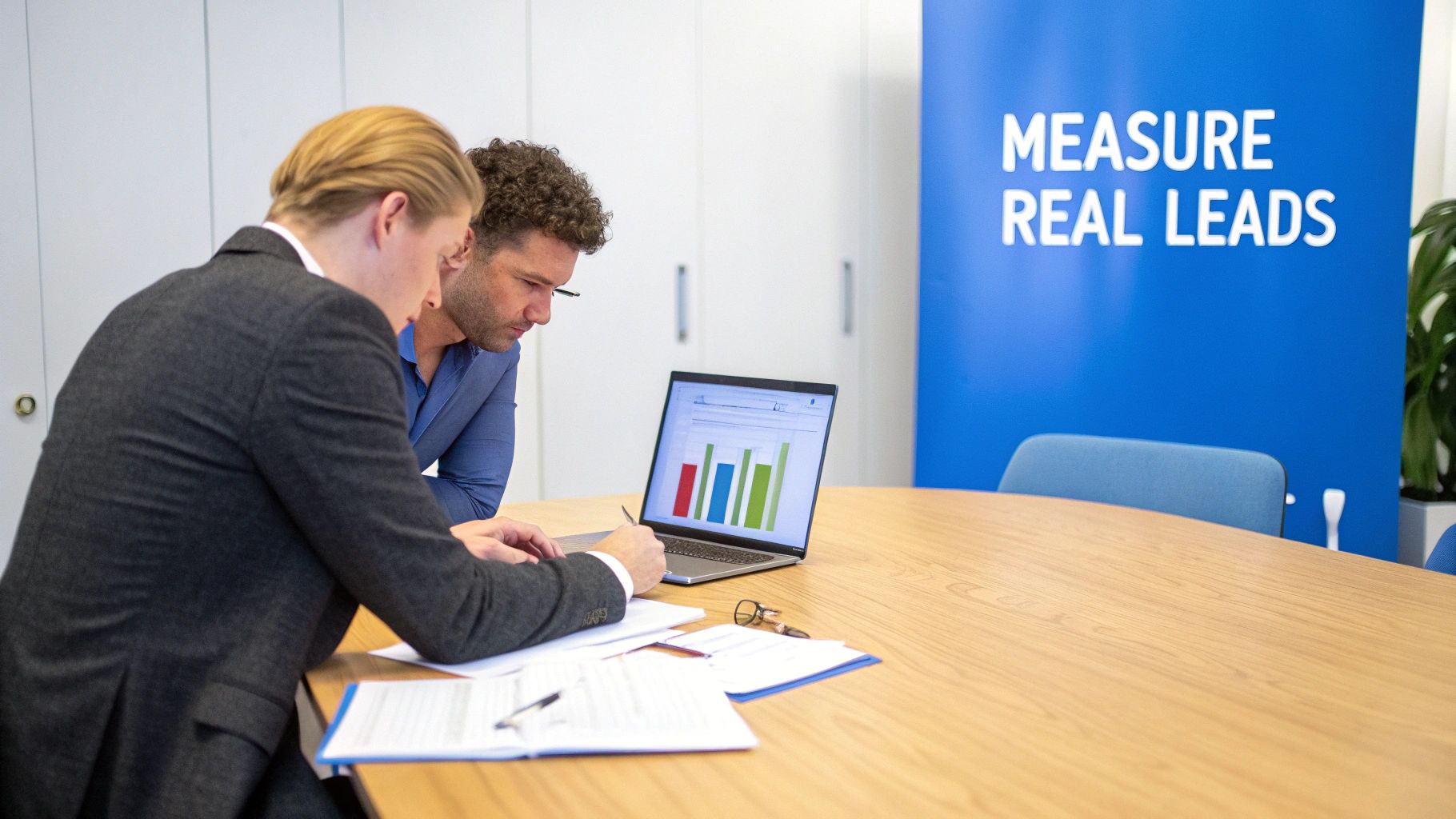 Two professionals collaborate, analyzing a laptop with data charts and documents on a wooden table.