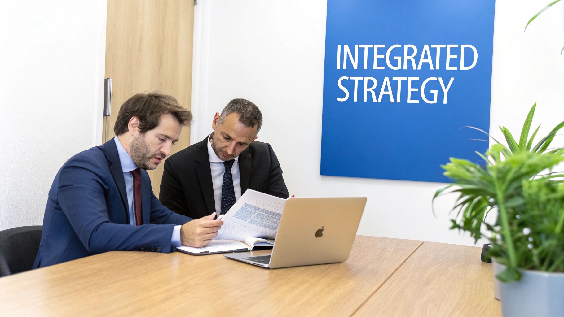 Two businessmen reviewing documents and a laptop on a table in an office setting.