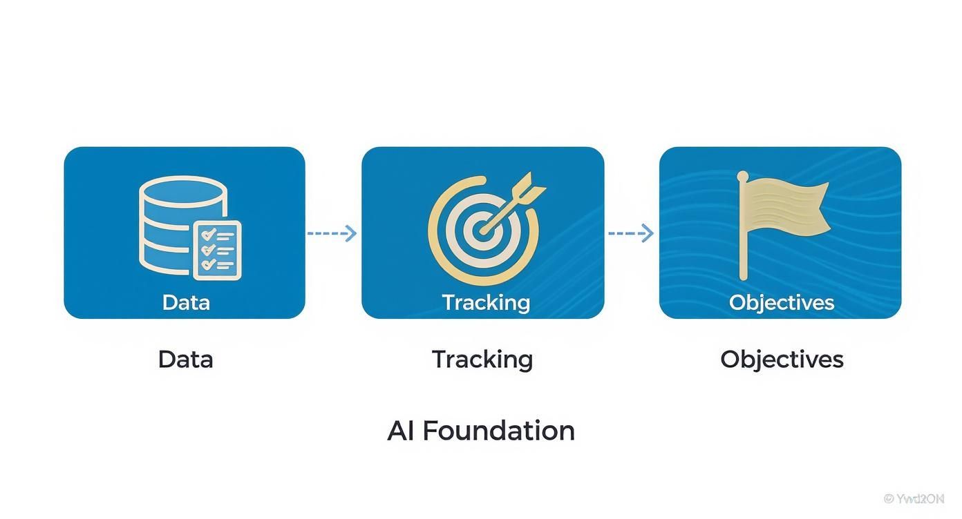 A diagram illustrates the AI Foundation process: Data flows to Tracking, which leads to Objectives.