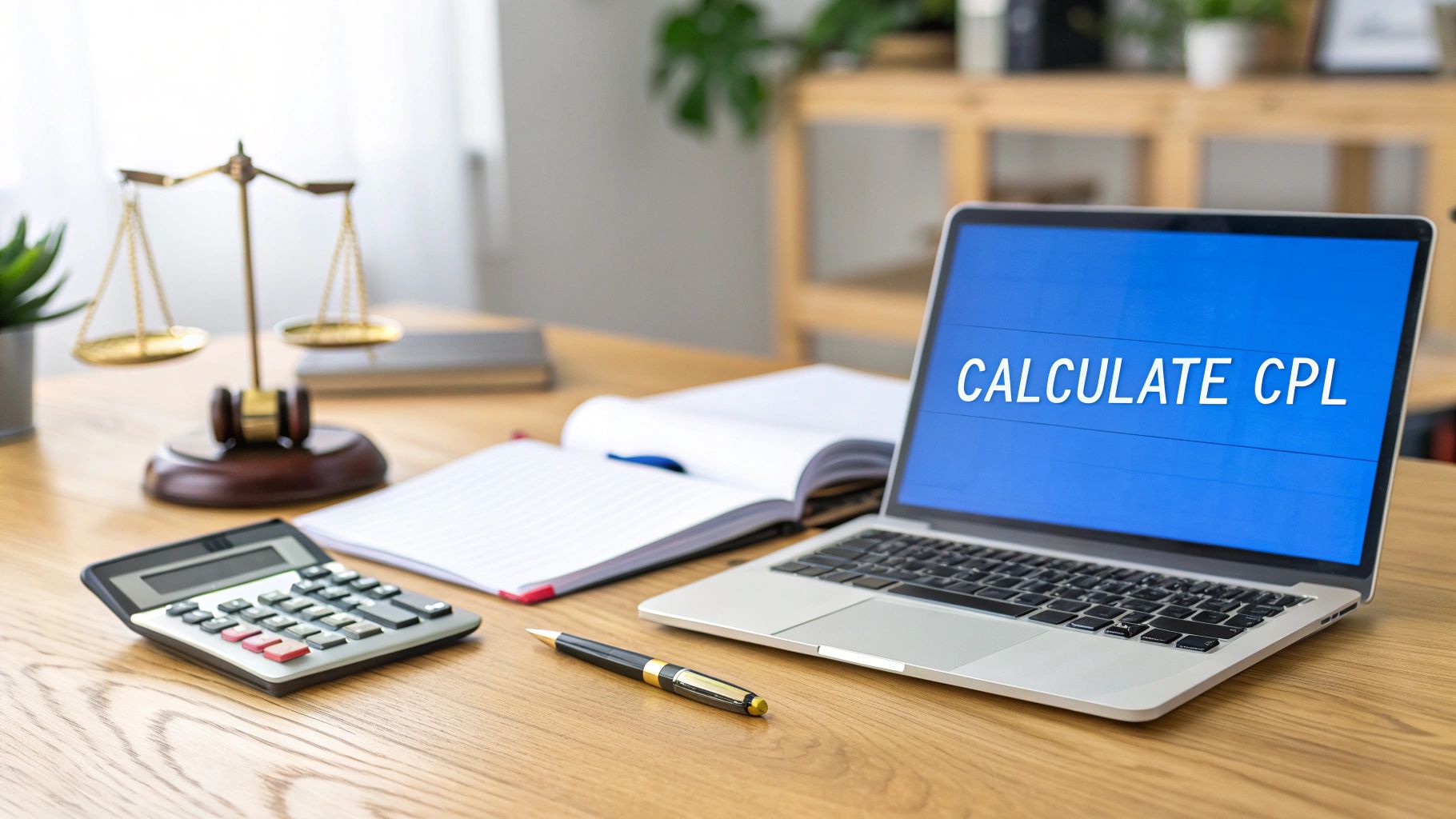 Laptop displaying calculate CPL text on desk with calculator, gavel, and legal books