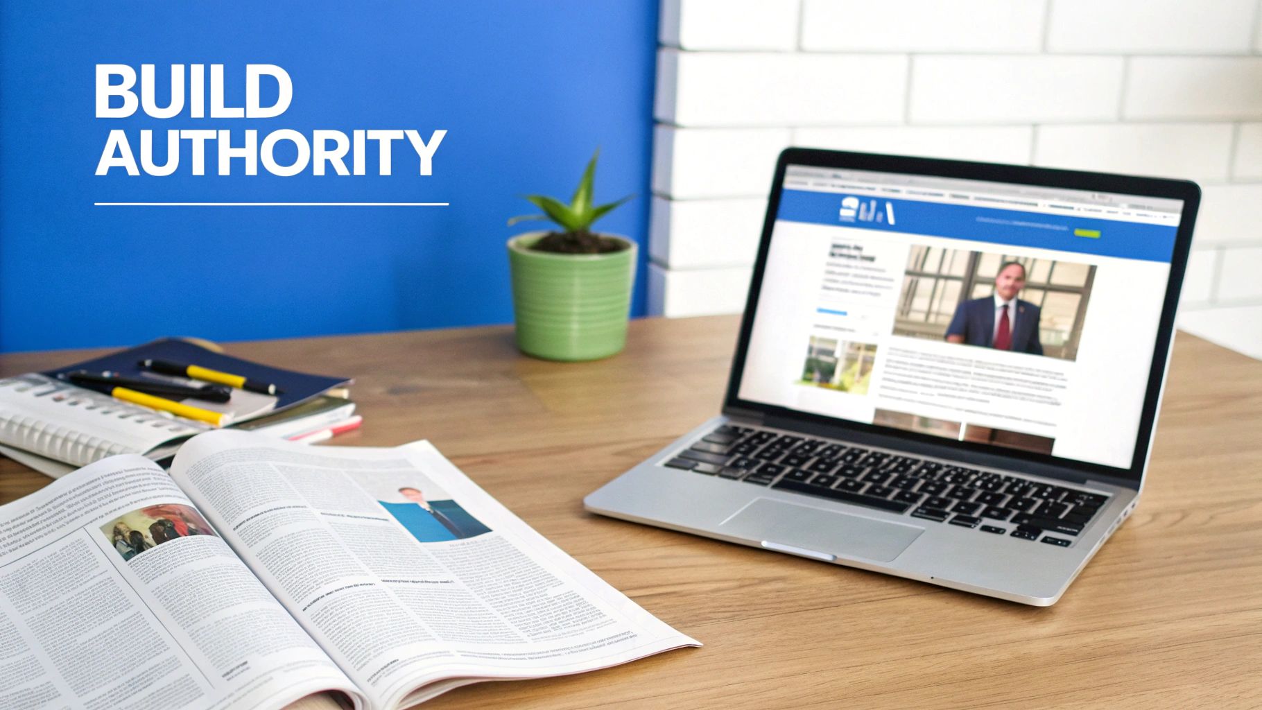 Professional desk with a laptop displaying a lawyer's website, open magazine, and notebooks.