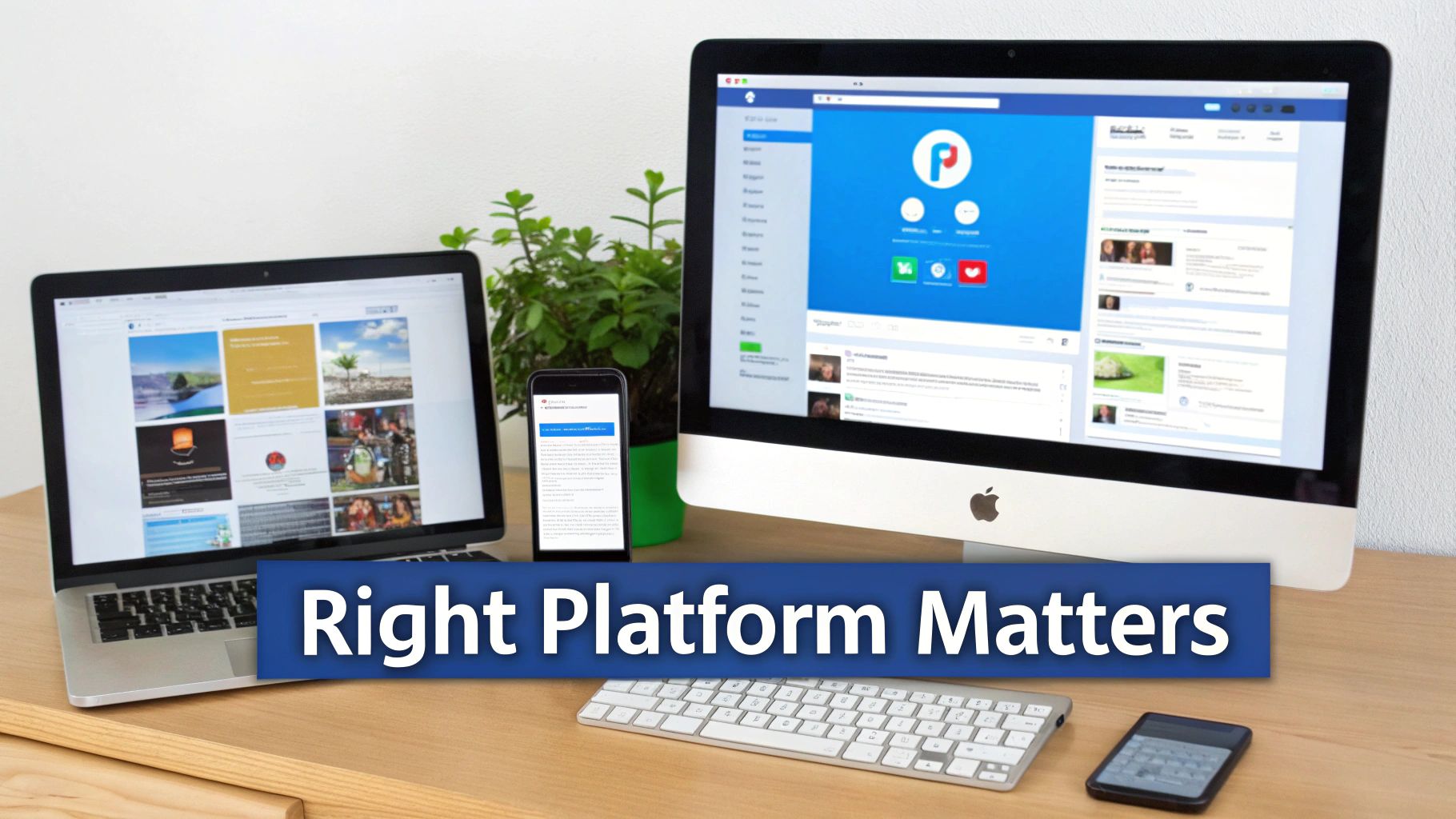 A laptop, smartphone, and desktop monitor displaying various digital platforms with the text 'Right Platform Matters'.