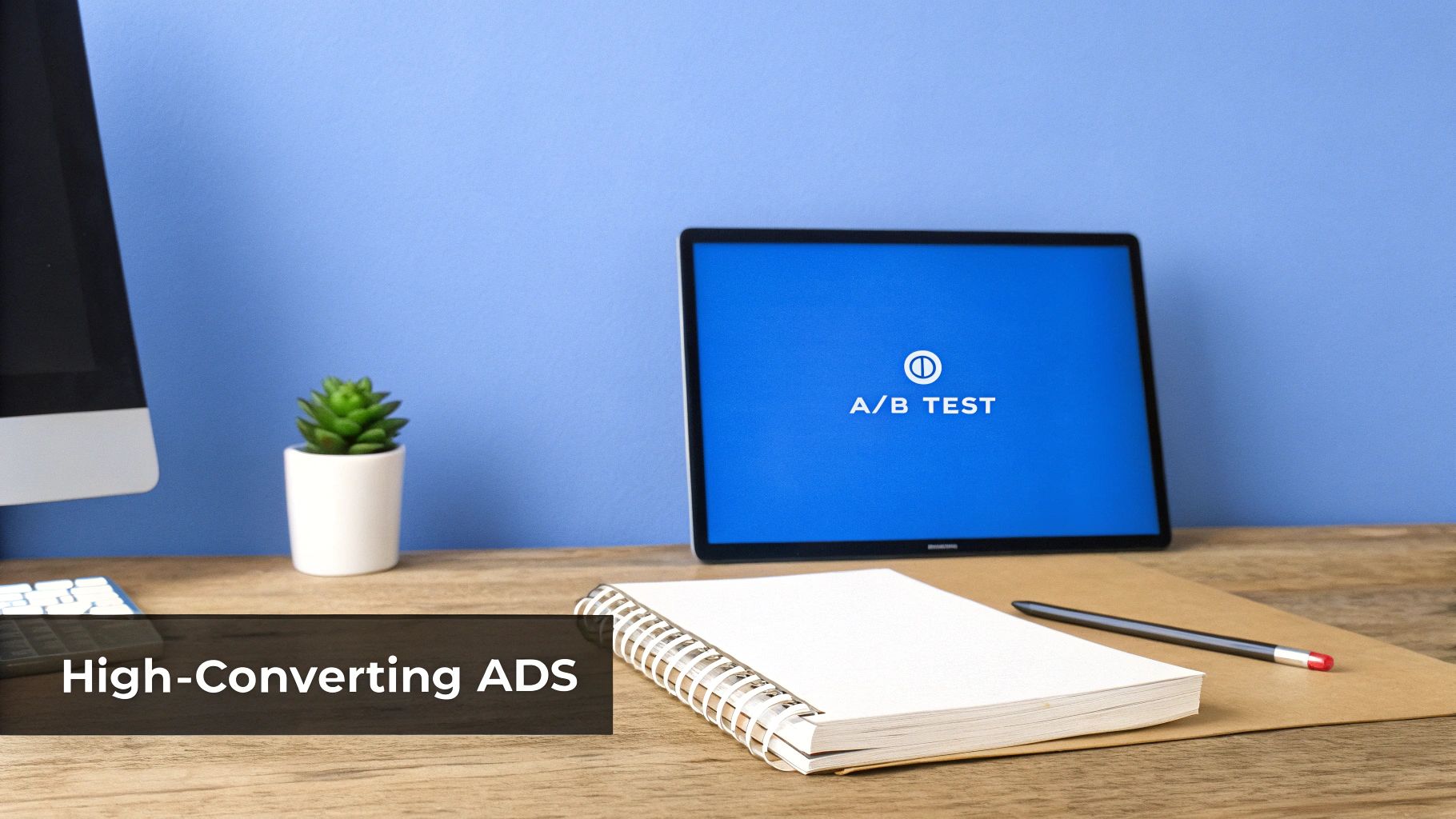 A workspace with a laptop displaying 'A/B TEST', a notebook, and a plant, symbolizing digital ad optimization.