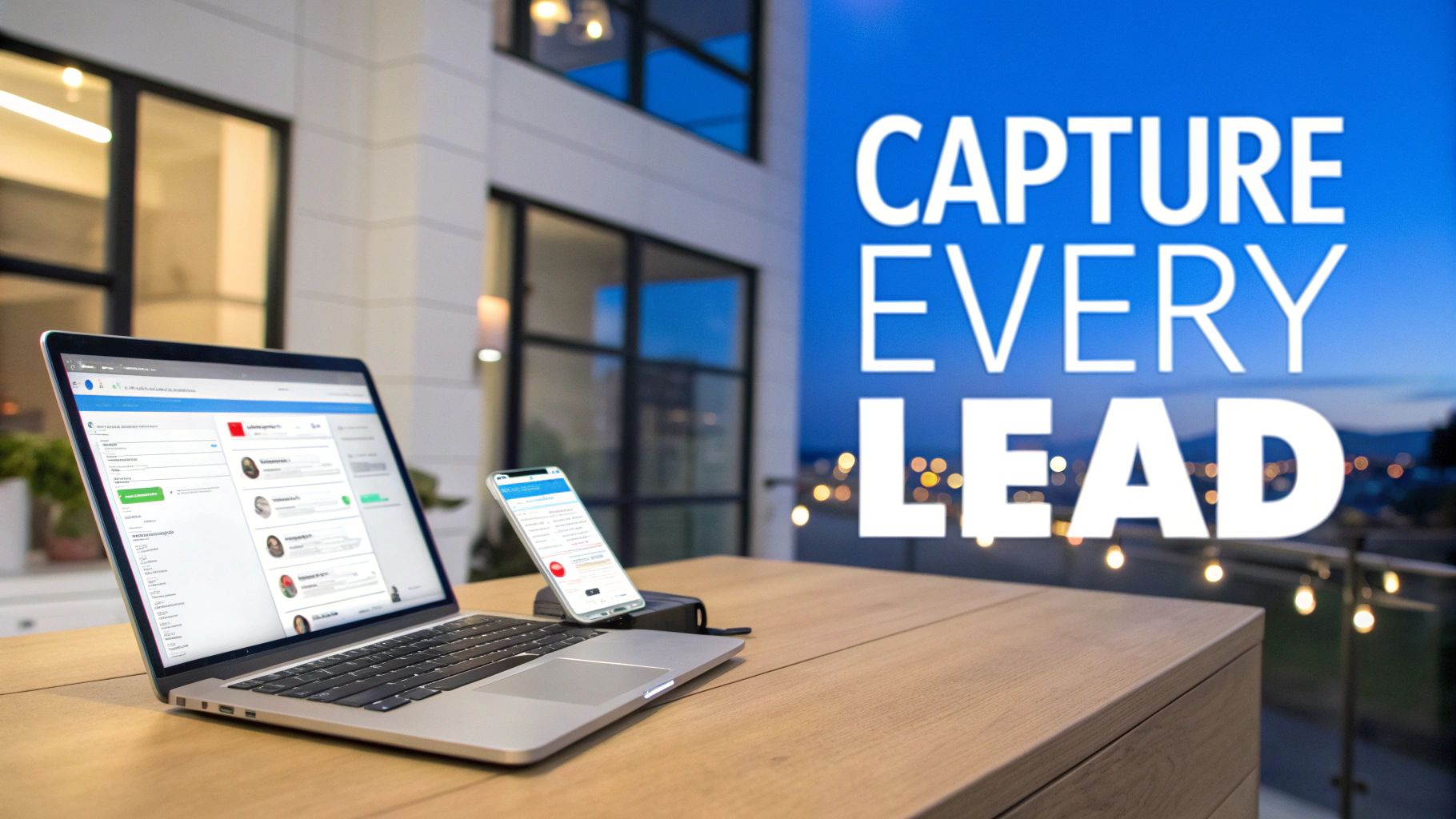 Laptop and smartphone displaying lead management software on a patio, with 'Capture Every Lead' text.