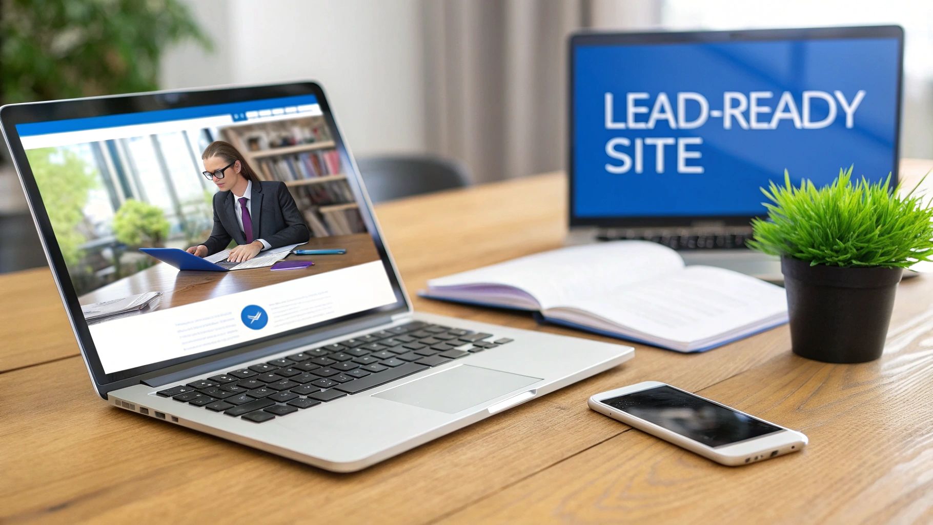 A professional workspace with two laptops, one displaying 'LEAD-READY SITE', a smartphone, and a book.