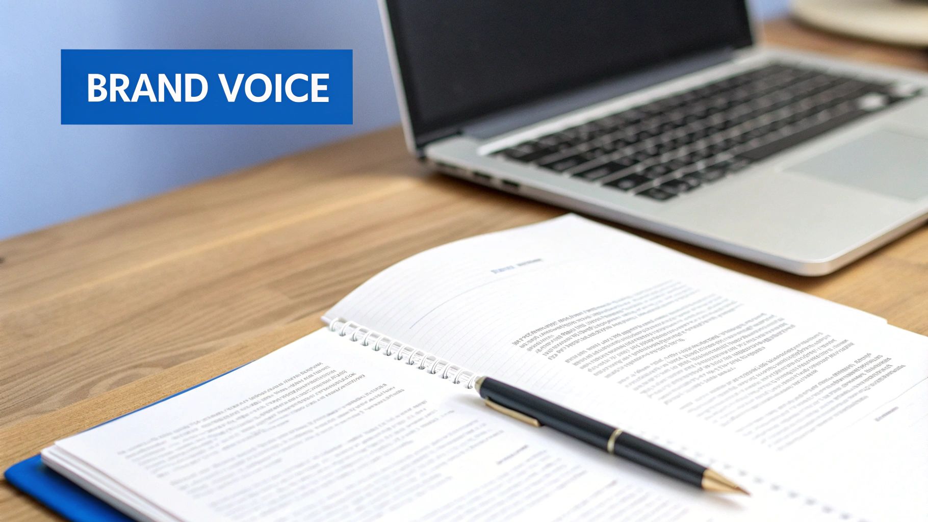 A blue banner displaying 'BRAND VOICE' with a laptop, open notebook, and pen on a wooden desk.