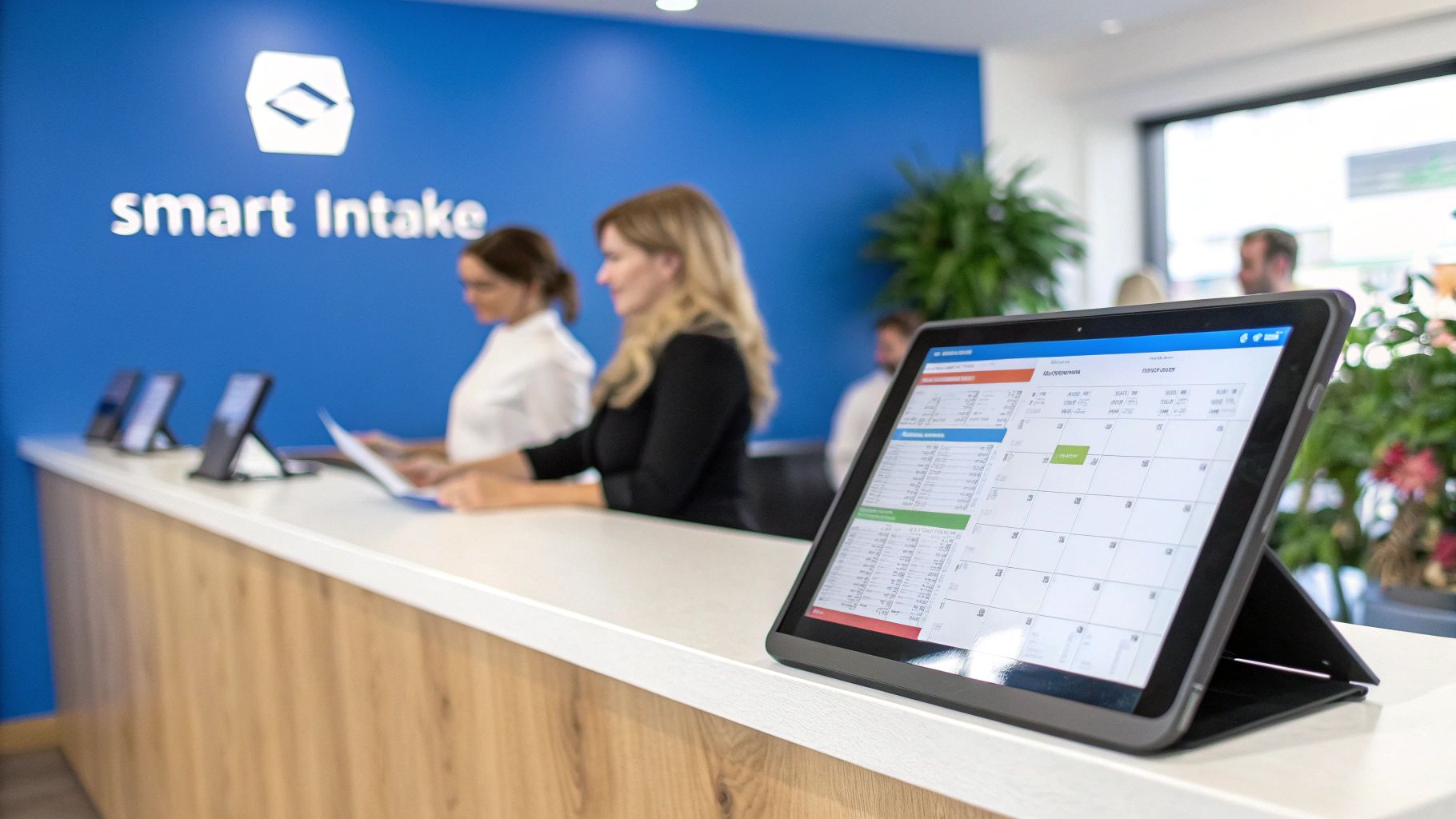Modern office reception with two women interacting with digital tablets for smart intake.