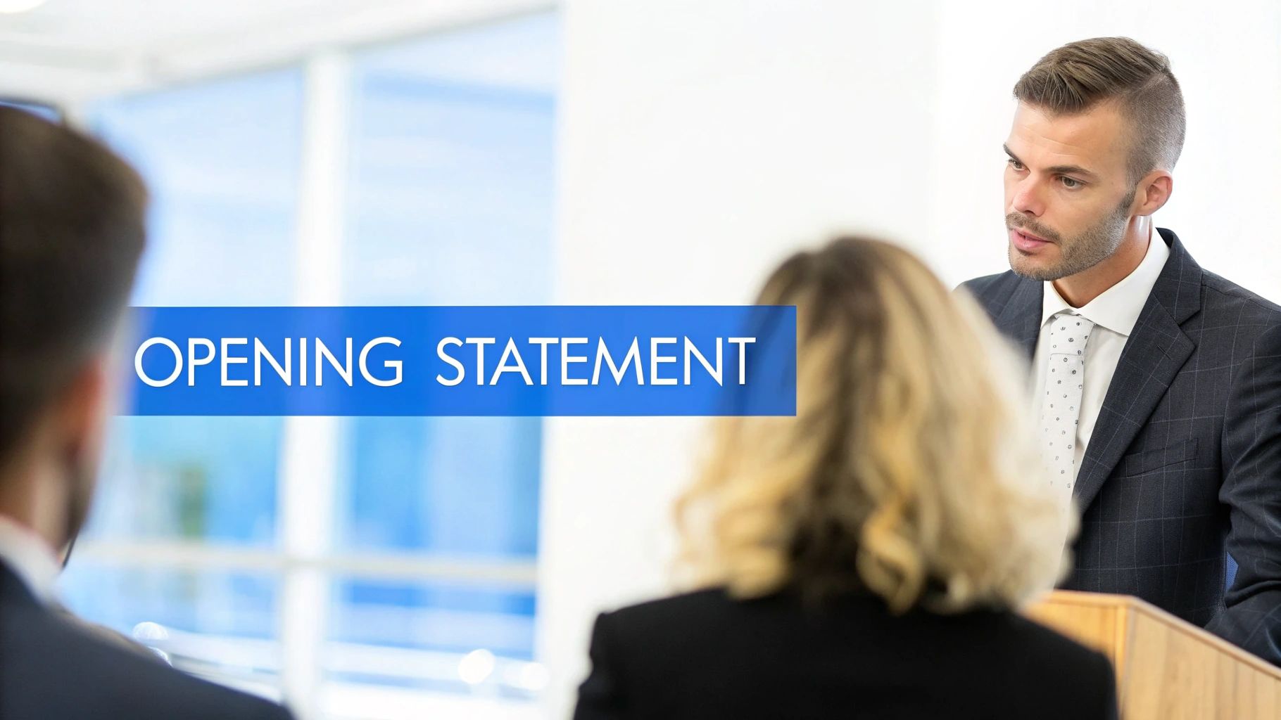 A professional man in a suit delivers an opening statement at a podium to an audience.