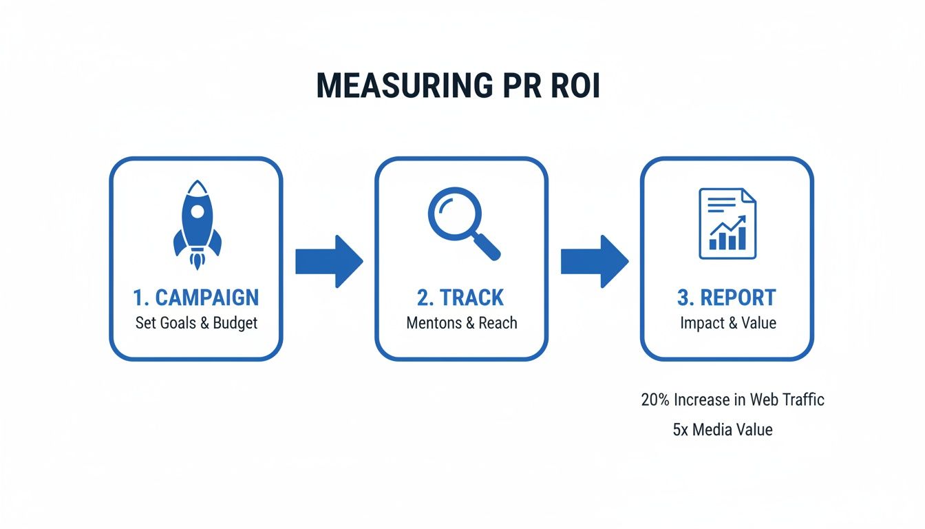 A diagram outlining three steps to measure PR ROI: Campaign, Track, and Report, with examples of results.