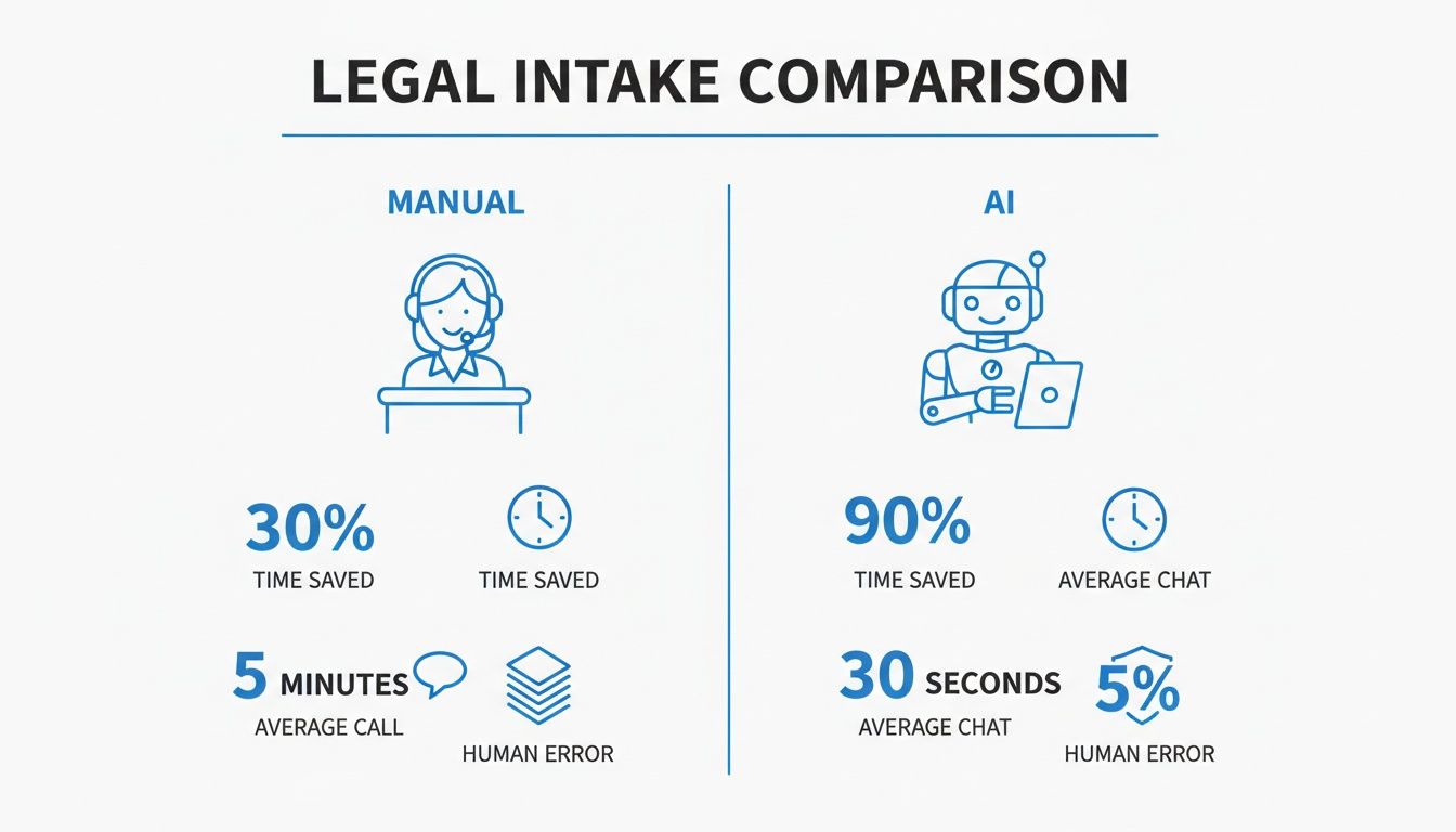 Infographic comparing manual and AI legal intake efficiency, highlighting AI's superior time saved and lower human error.