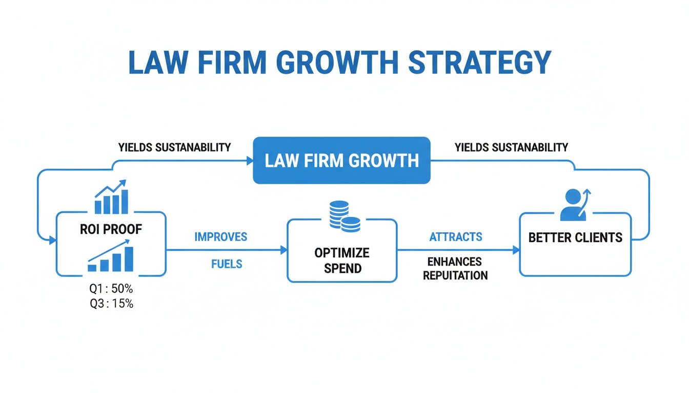 Flowchart illustrating a law firm growth strategy, connecting ROI proof, optimized spending, and better clients.