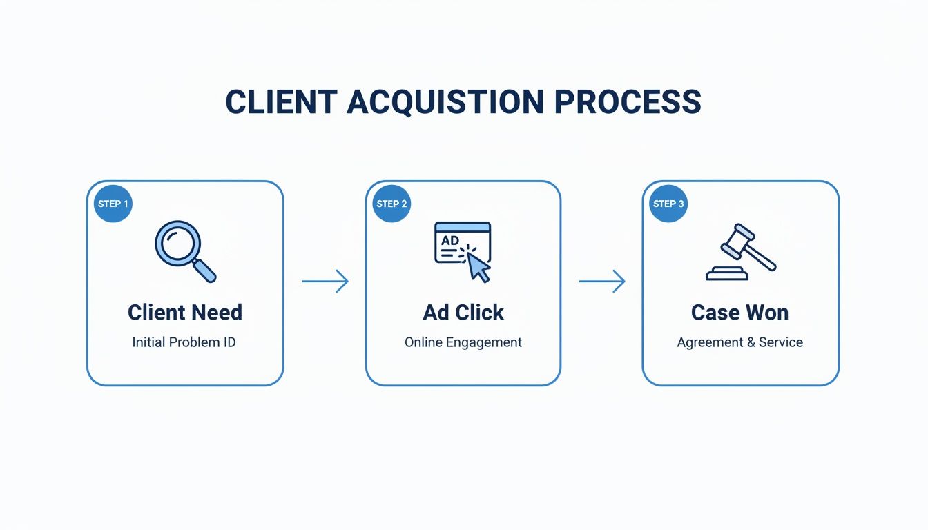 A three-step client acquisition process: identifying client need, online ad click engagement, and winning the case.