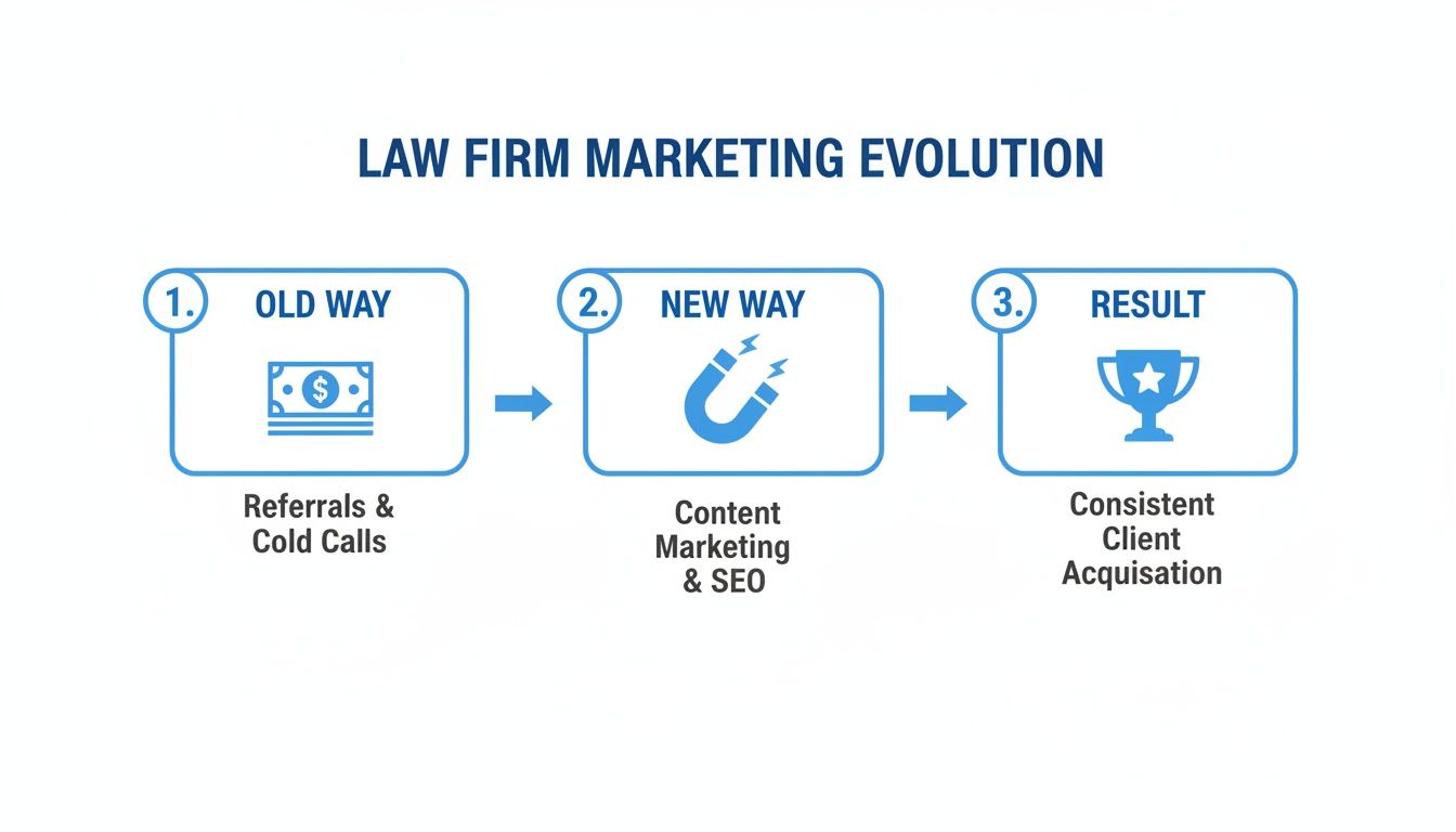 Diagram showing law firm marketing evolution from old methods to new content marketing, leading to consistent client acquisition.