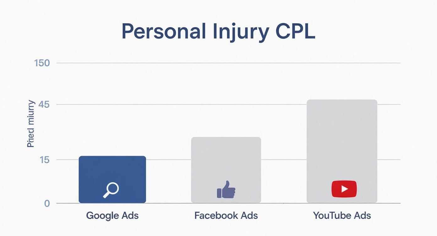 Bar chart comparing cost per lead for personal injury law across Google, Facebook, and YouTube advertising platforms