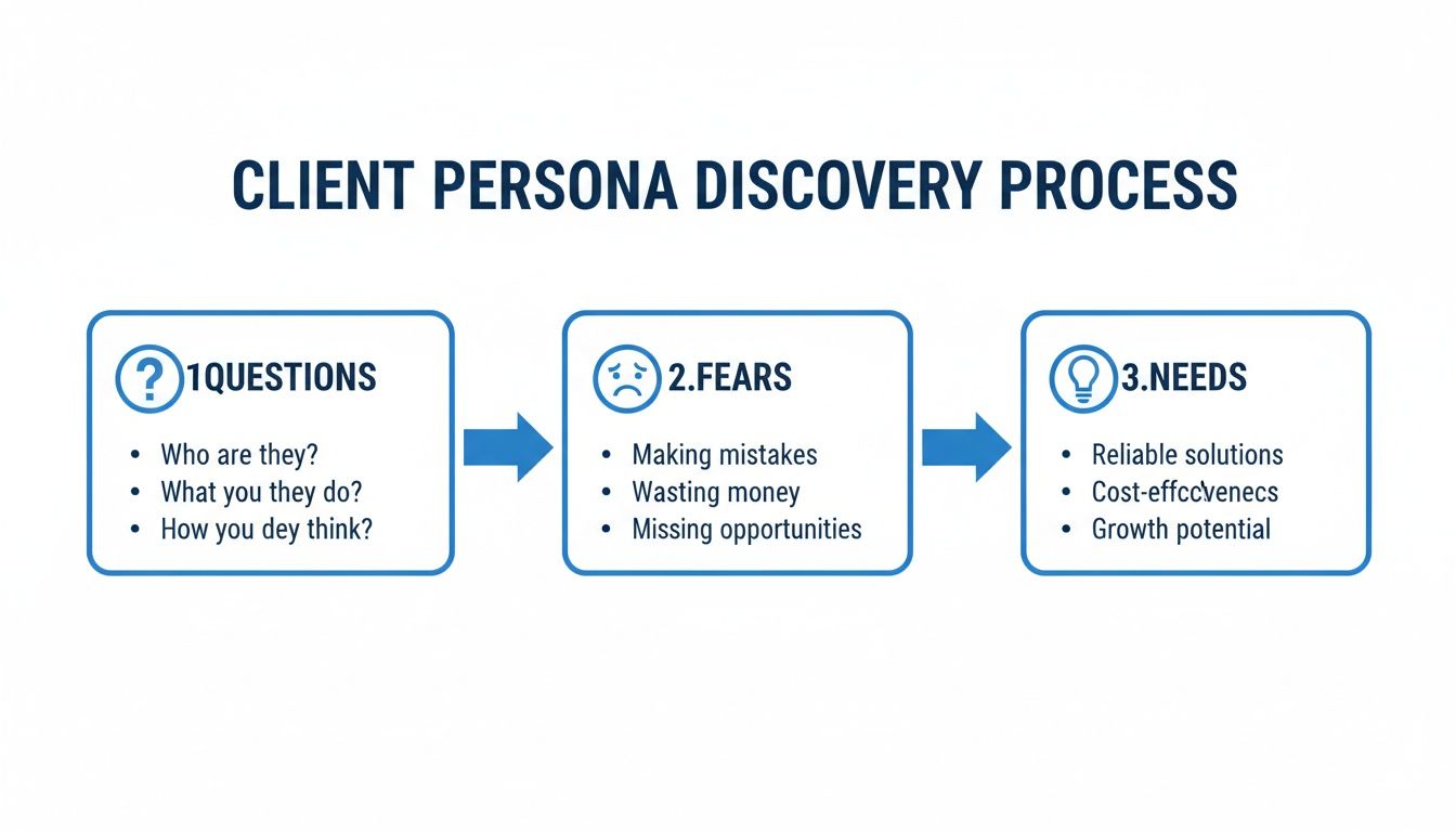 A flowchart illustrating the client persona discovery process with steps: questions, fears, and needs for effective marketing.
