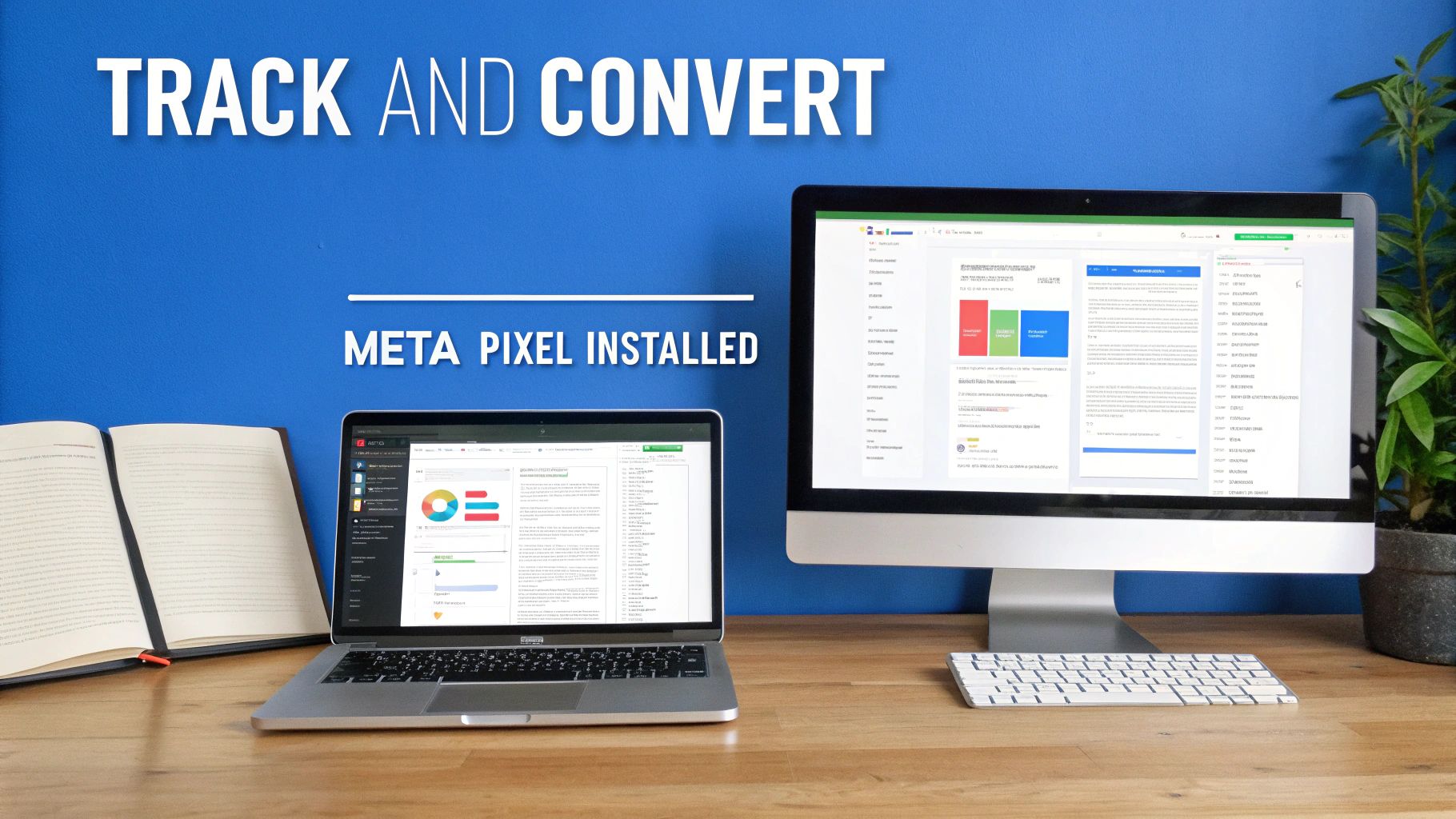 A workspace featuring a laptop and monitor displaying analytics, with text 'Track and Convert' and 'Meta Pixel Installed'.