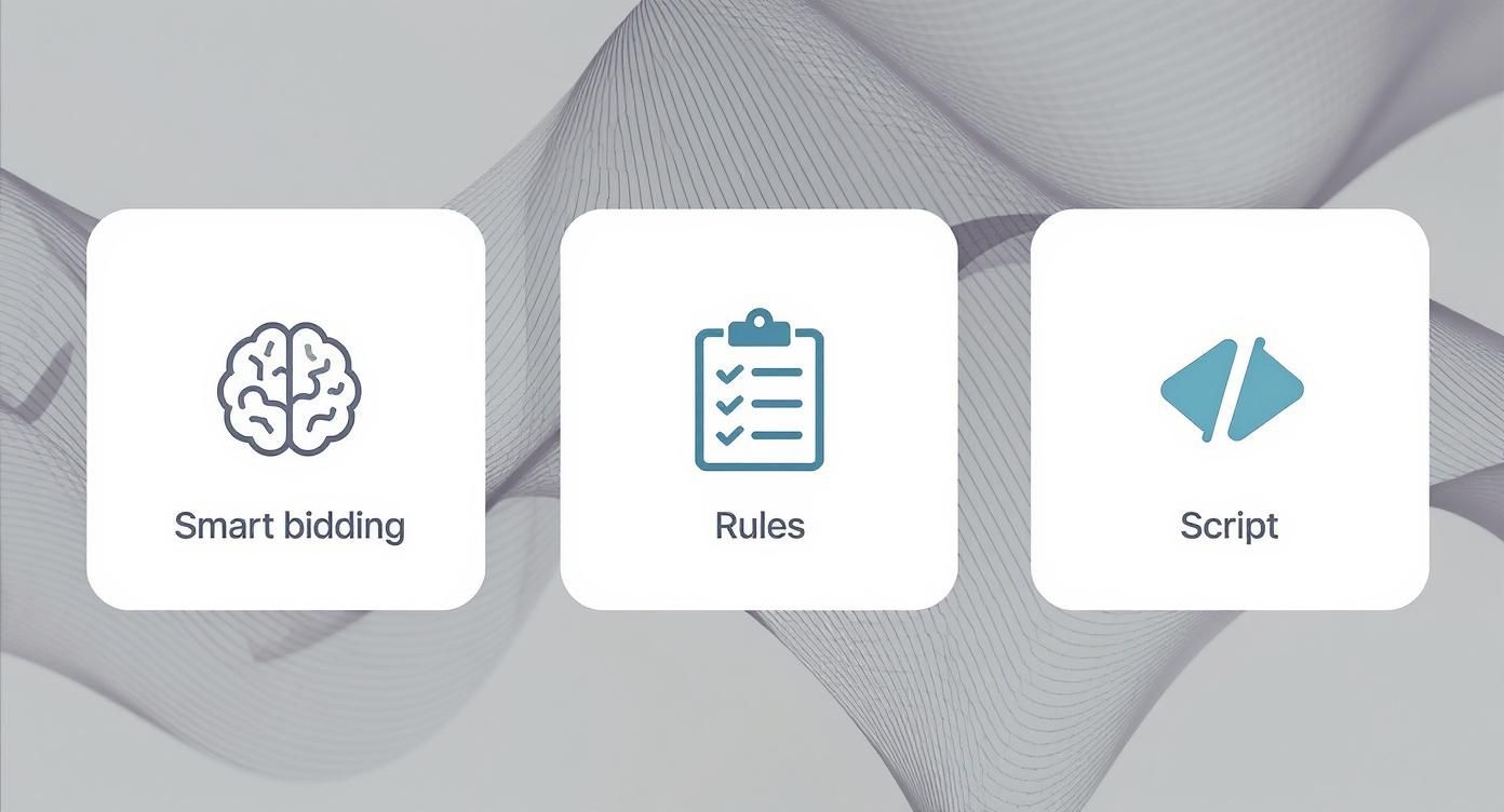 Icons representing Smart bidding, Rules, and Script options for ad management automation.