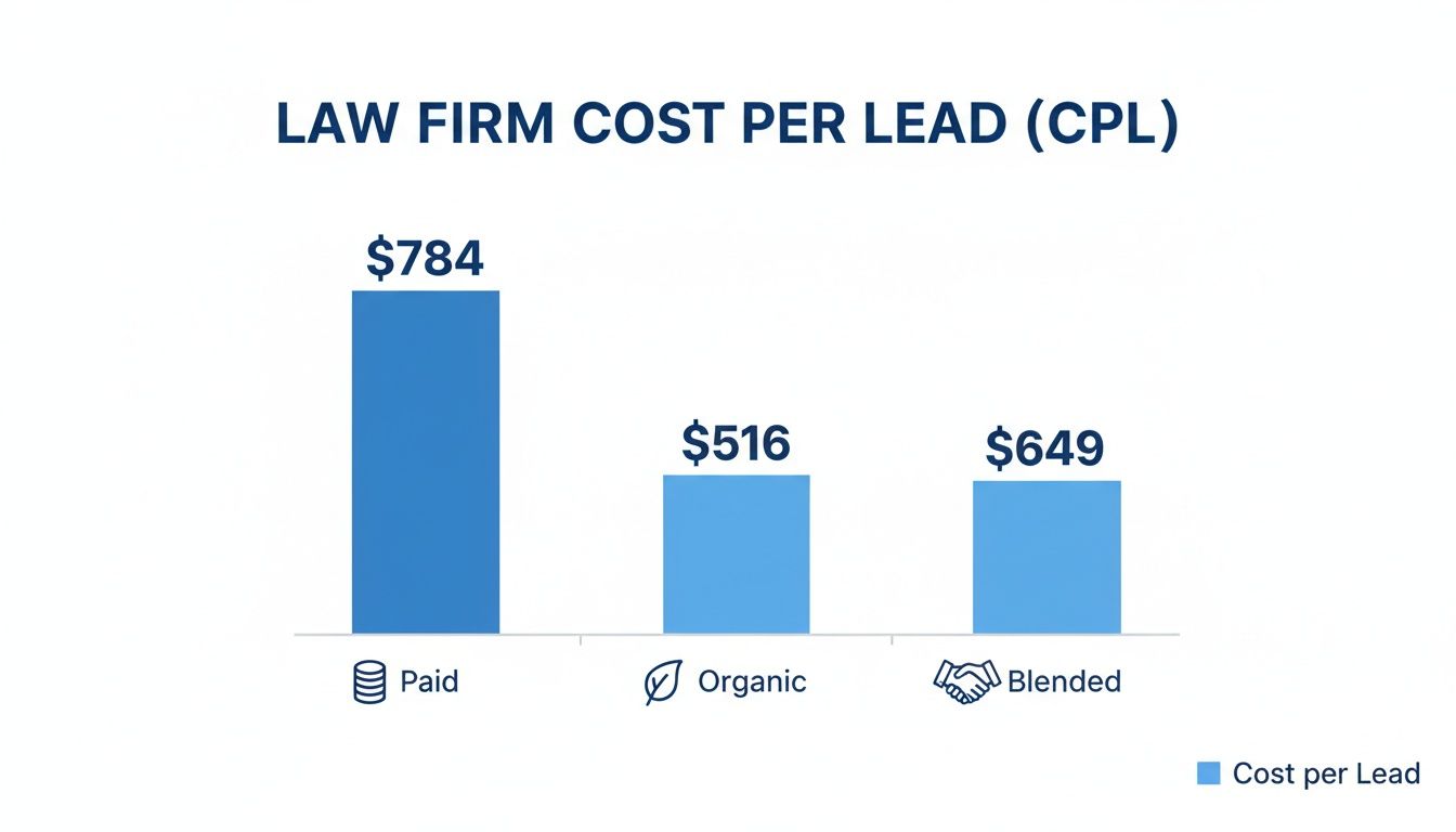Bar chart illustrating law firm cost per lead: Paid $784, Organic $516, Blended $649.