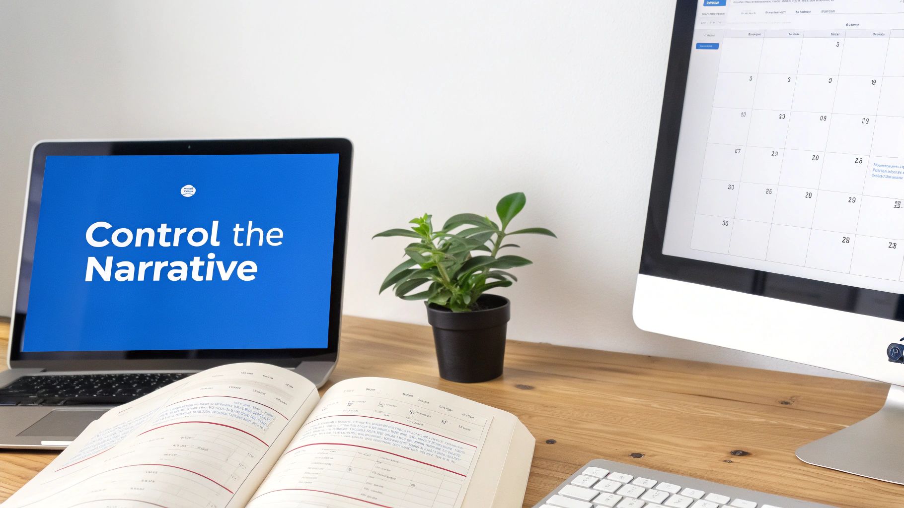 A professional workspace featuring a laptop displaying 'Control the Narrative', a plant, an open book, and a desktop calendar.