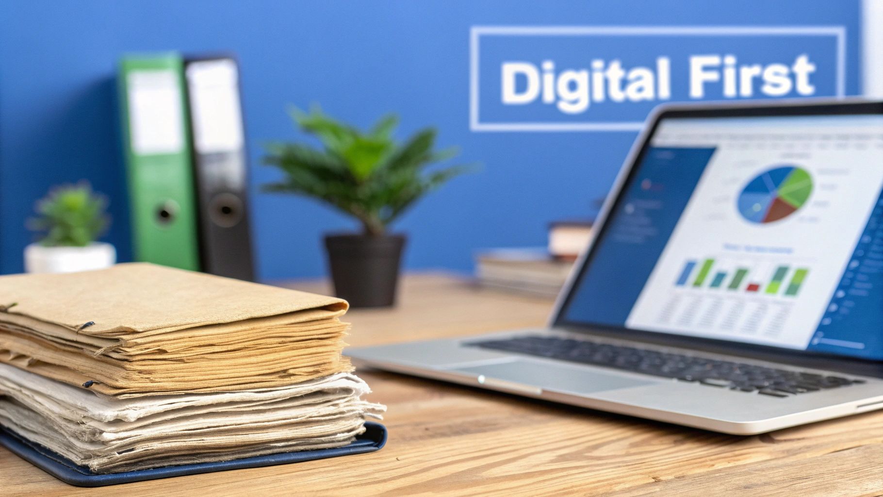 A desk showing old paper files contrasting with a laptop displaying charts and 'Digital First' text.